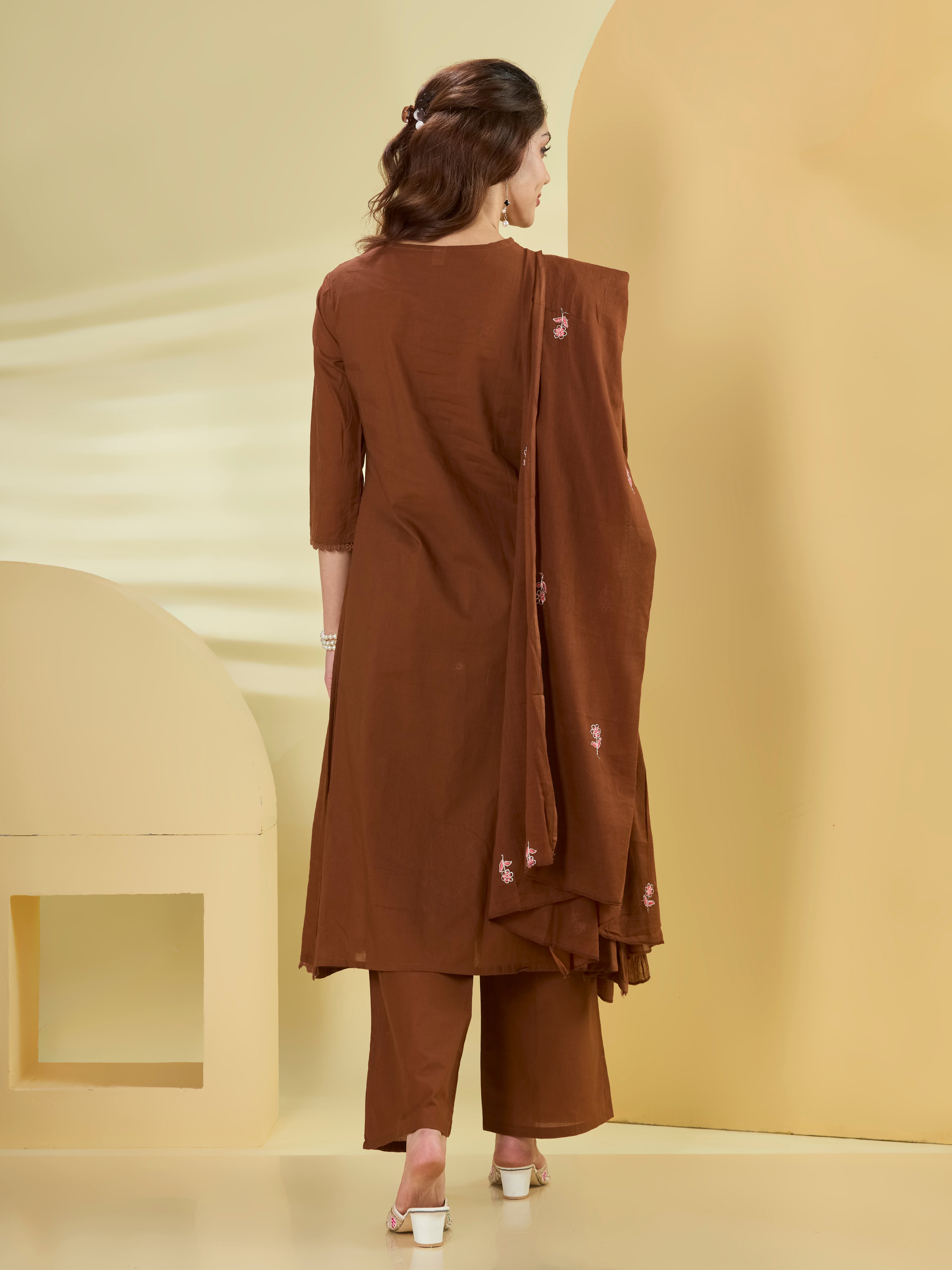 Terra Bloom A-Line Suit Set in Pure Cotton with Floral Embroidery & Palazzo