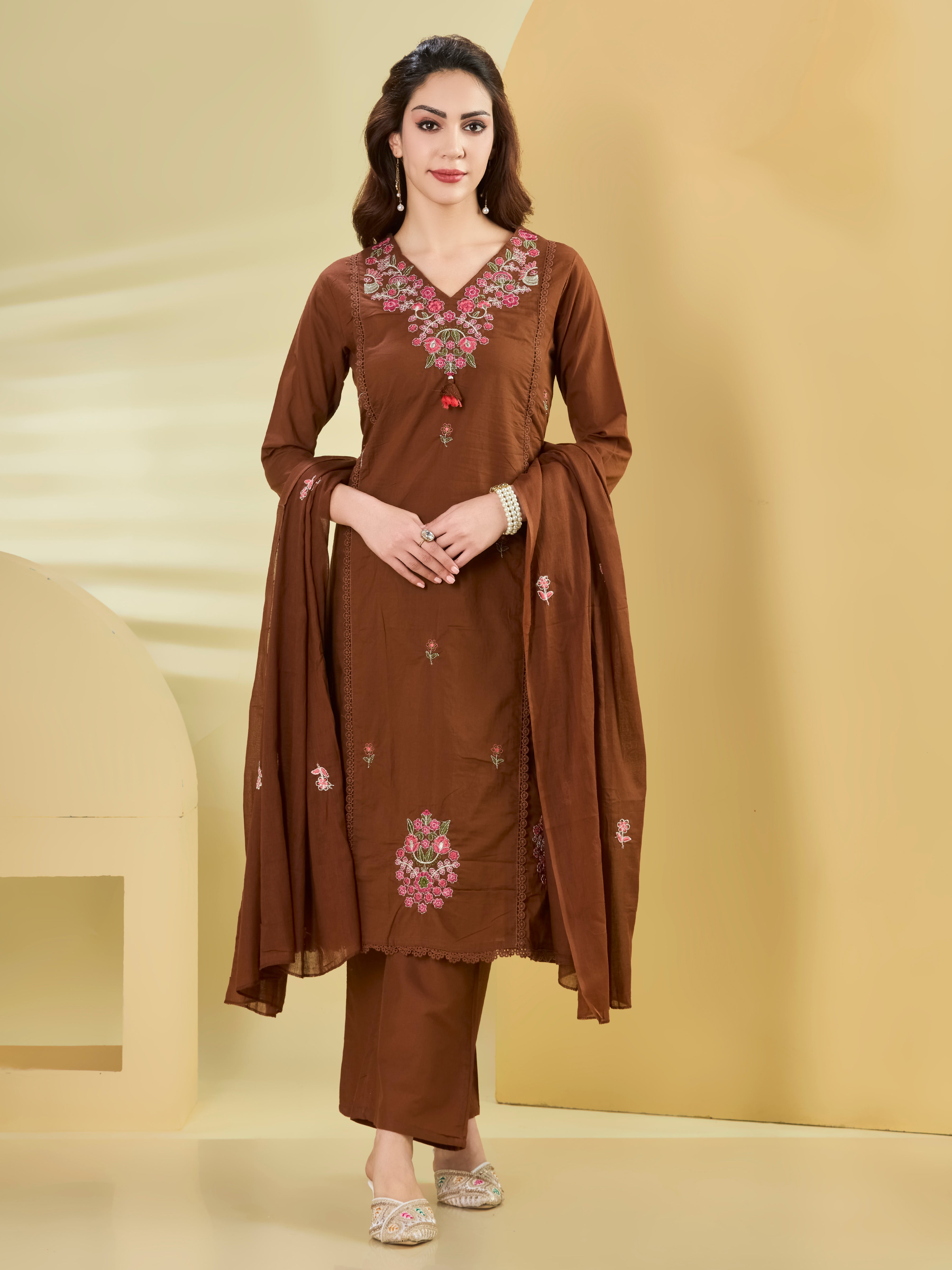 Terra Bloom A-Line Suit Set in Pure Cotton with Floral Embroidery & Palazzo