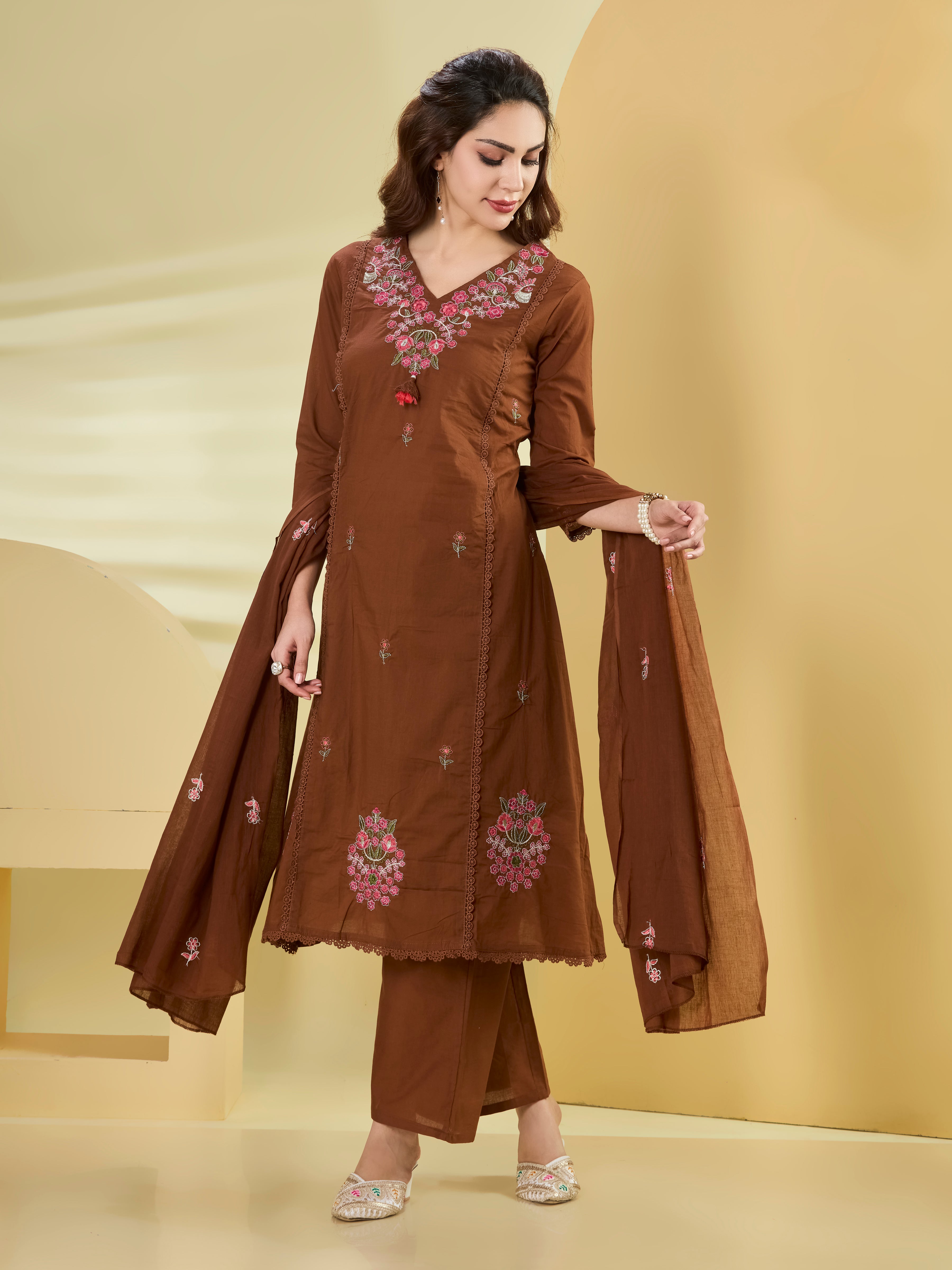 Terra Bloom A-Line Suit Set in Pure Cotton with Floral Embroidery & Palazzo