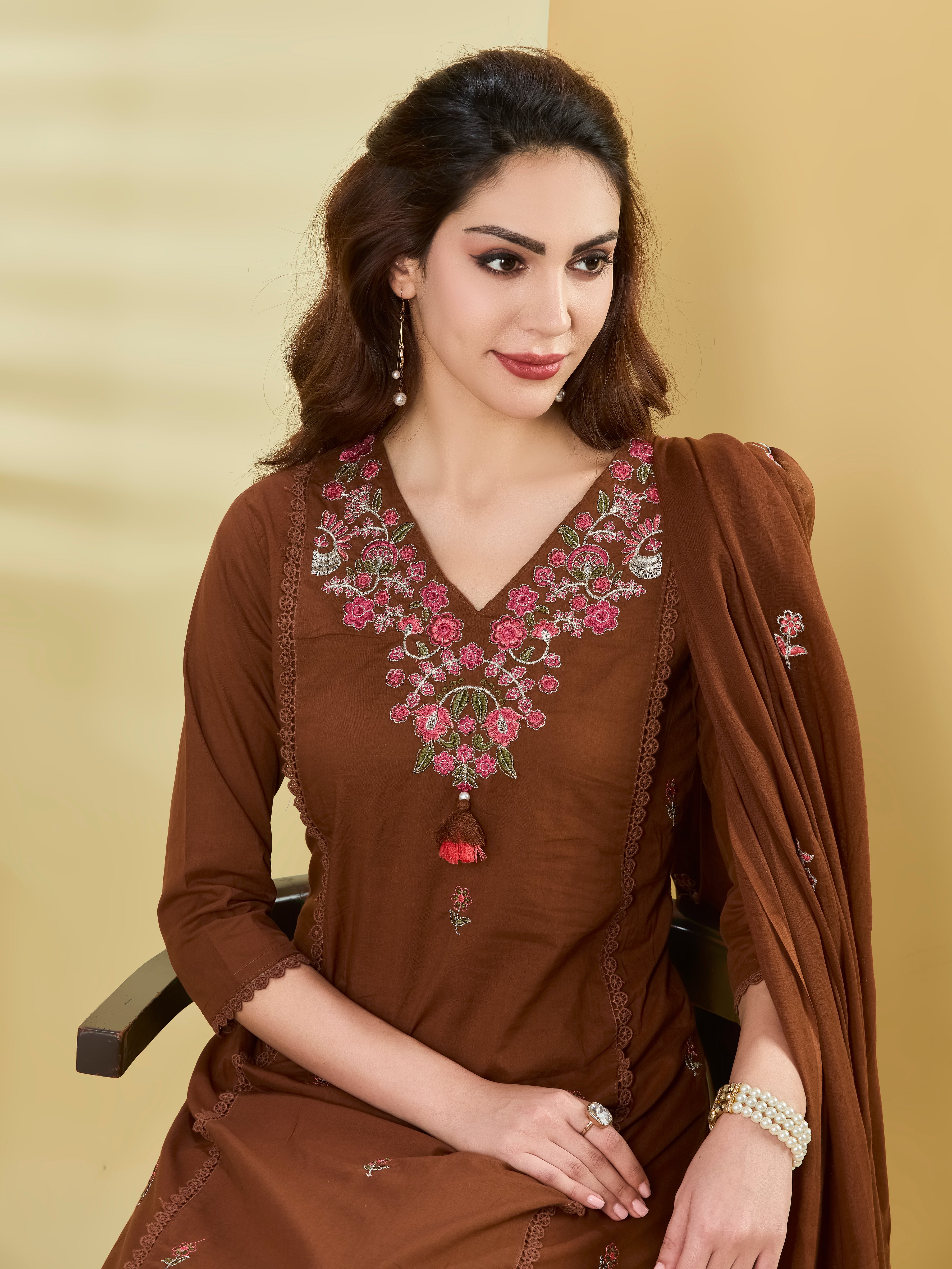 Terra Bloom A-Line Suit Set in Pure Cotton with Floral Embroidery & Palazzo