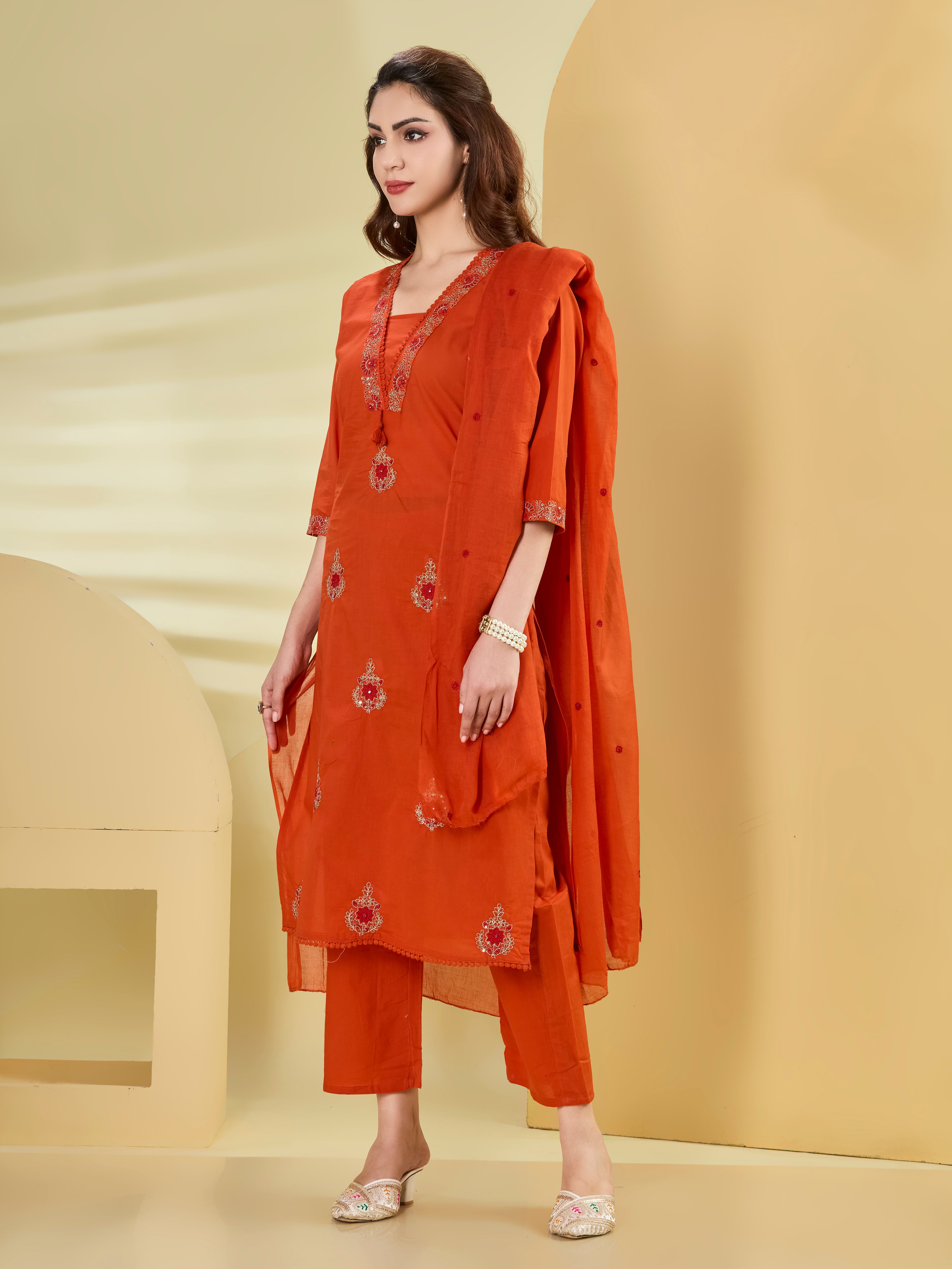 Artisan Garden Cotton Embroidered Straight Suit Set with Dupatta