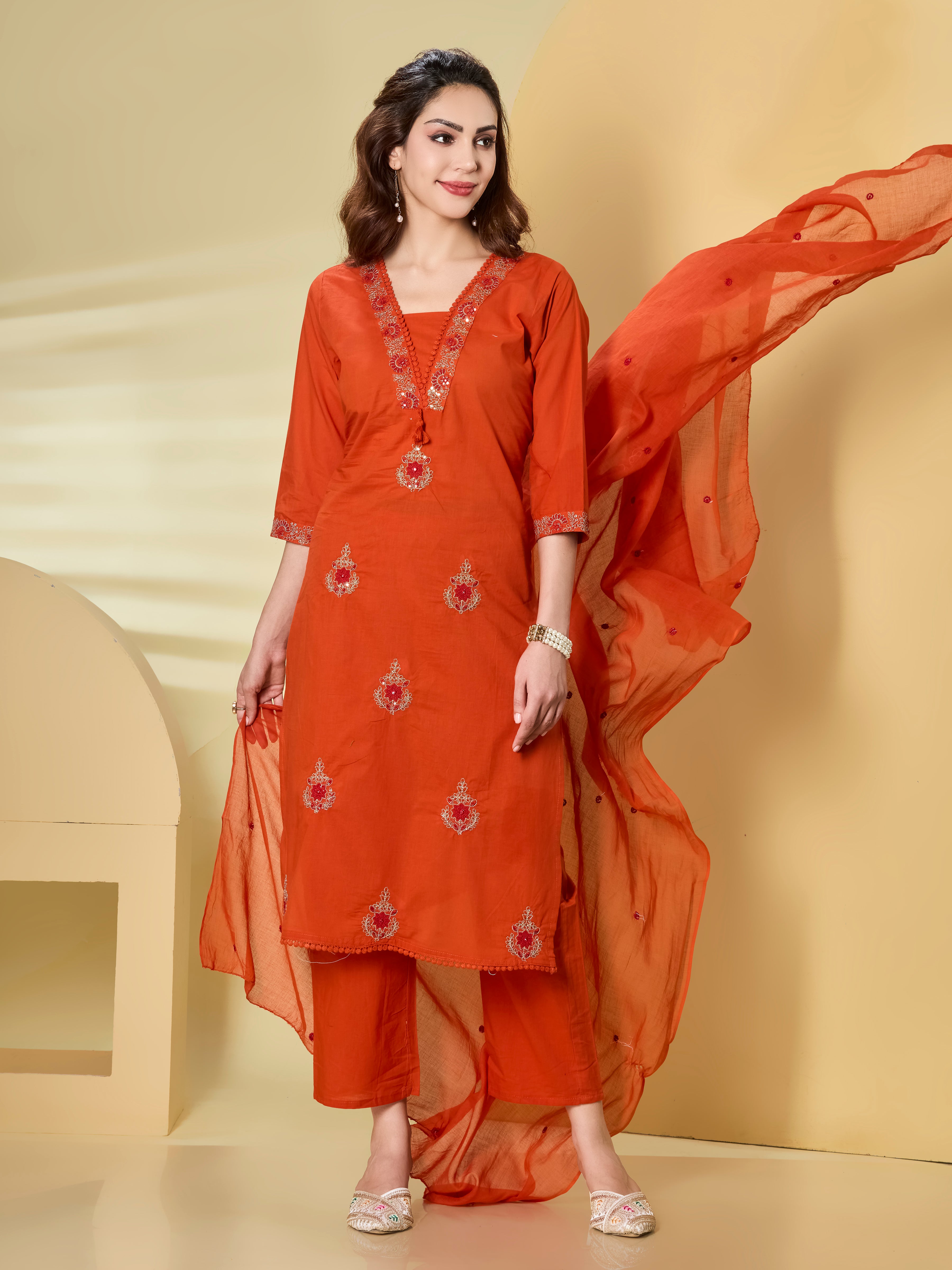 Artisan Garden Cotton Embroidered Straight Suit Set with Dupatta