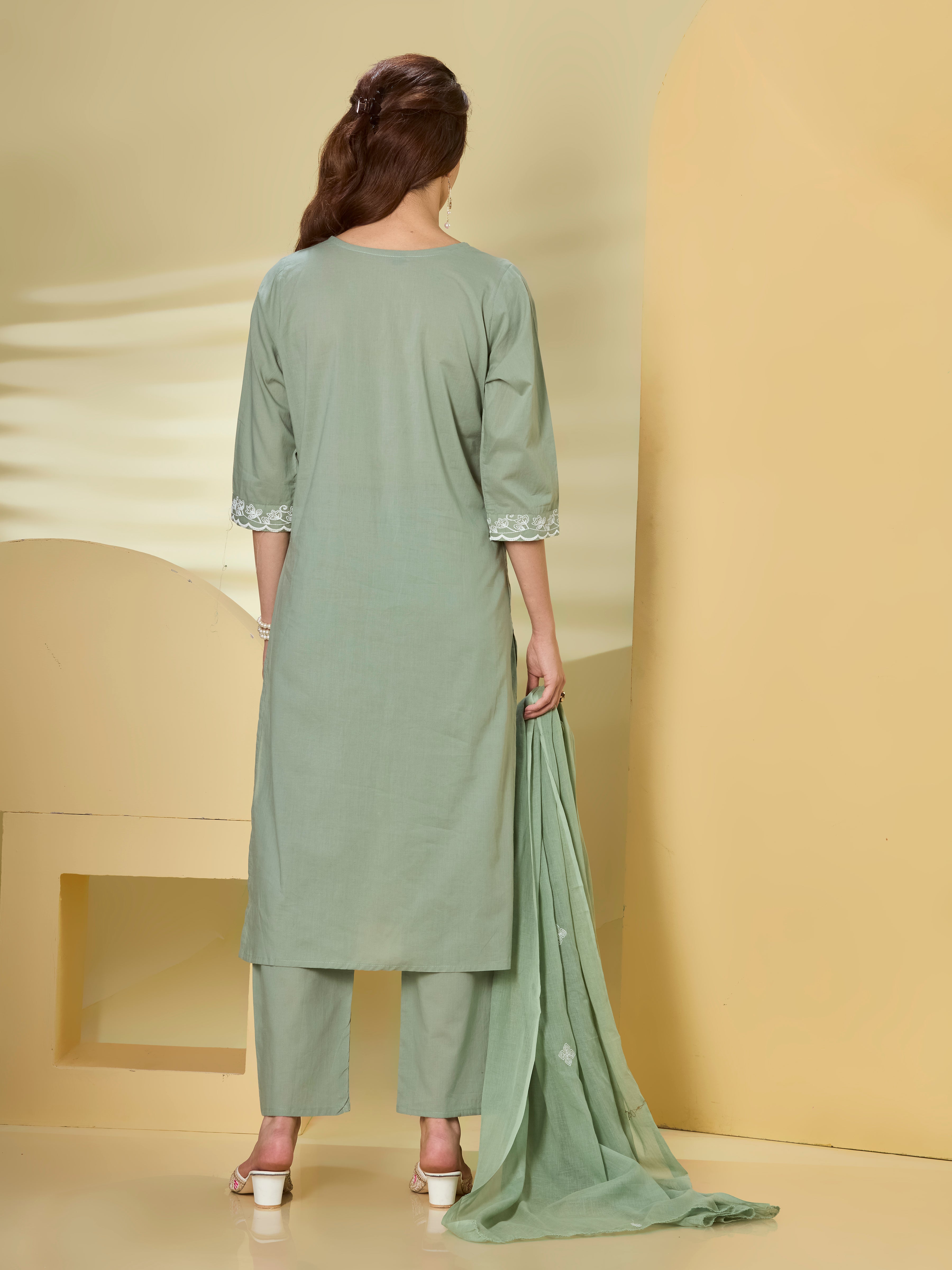 Petal Whisper Cotton Embroidered Straight Suit Set with Dupatta