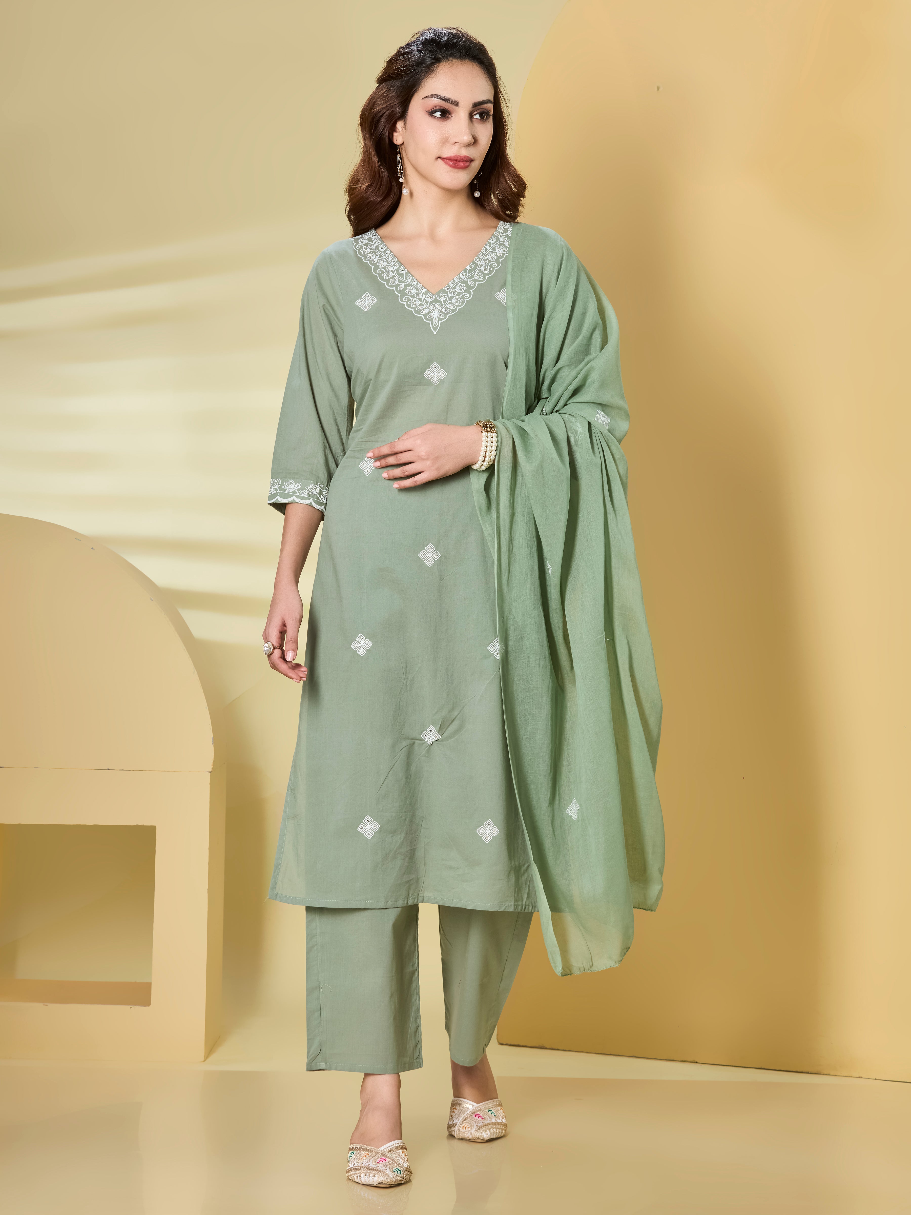 Petal Whisper Cotton Embroidered Straight Suit Set with Dupatta