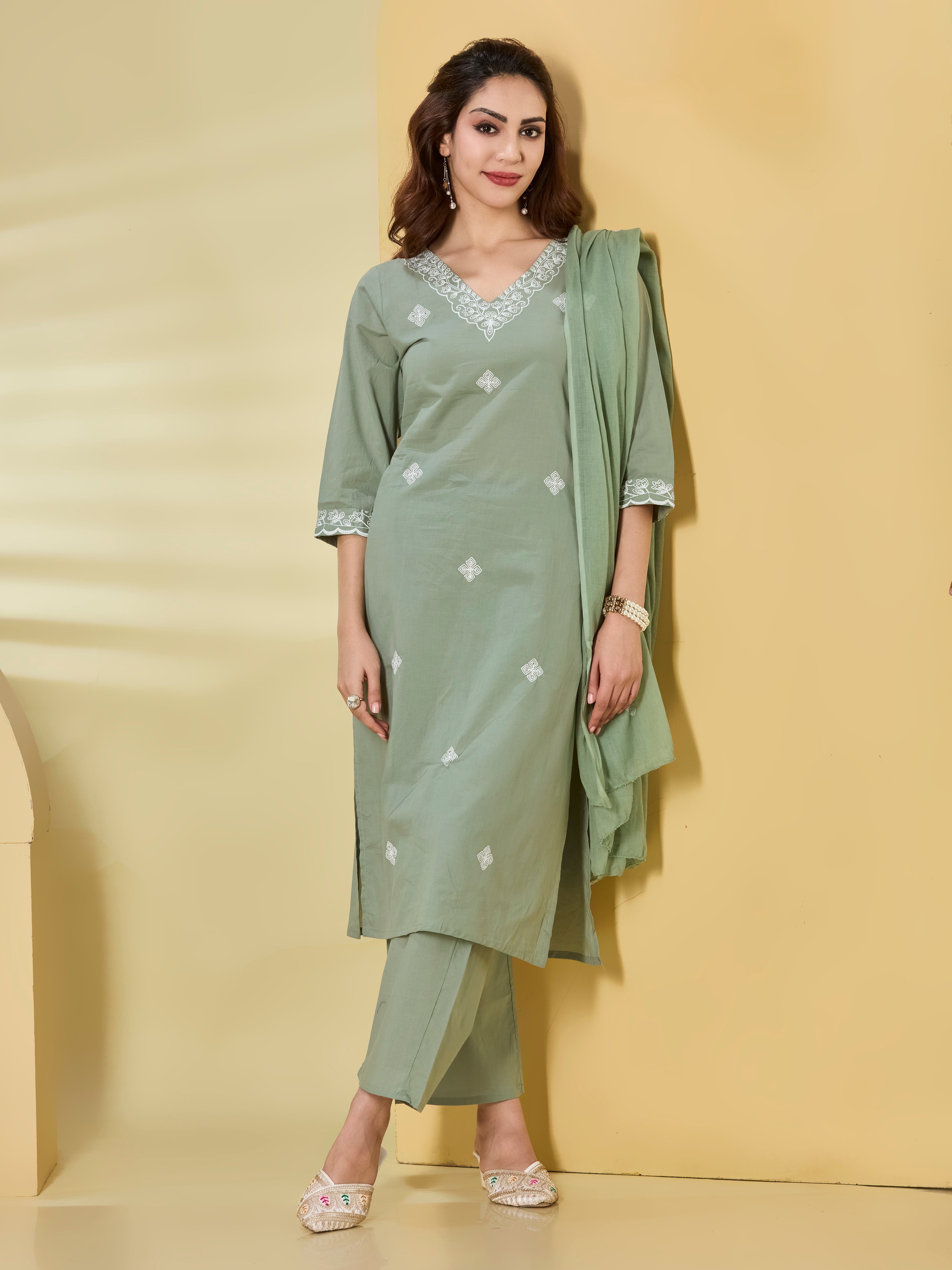 Petal Whisper Cotton Embroidered Straight Suit Set with Dupatta