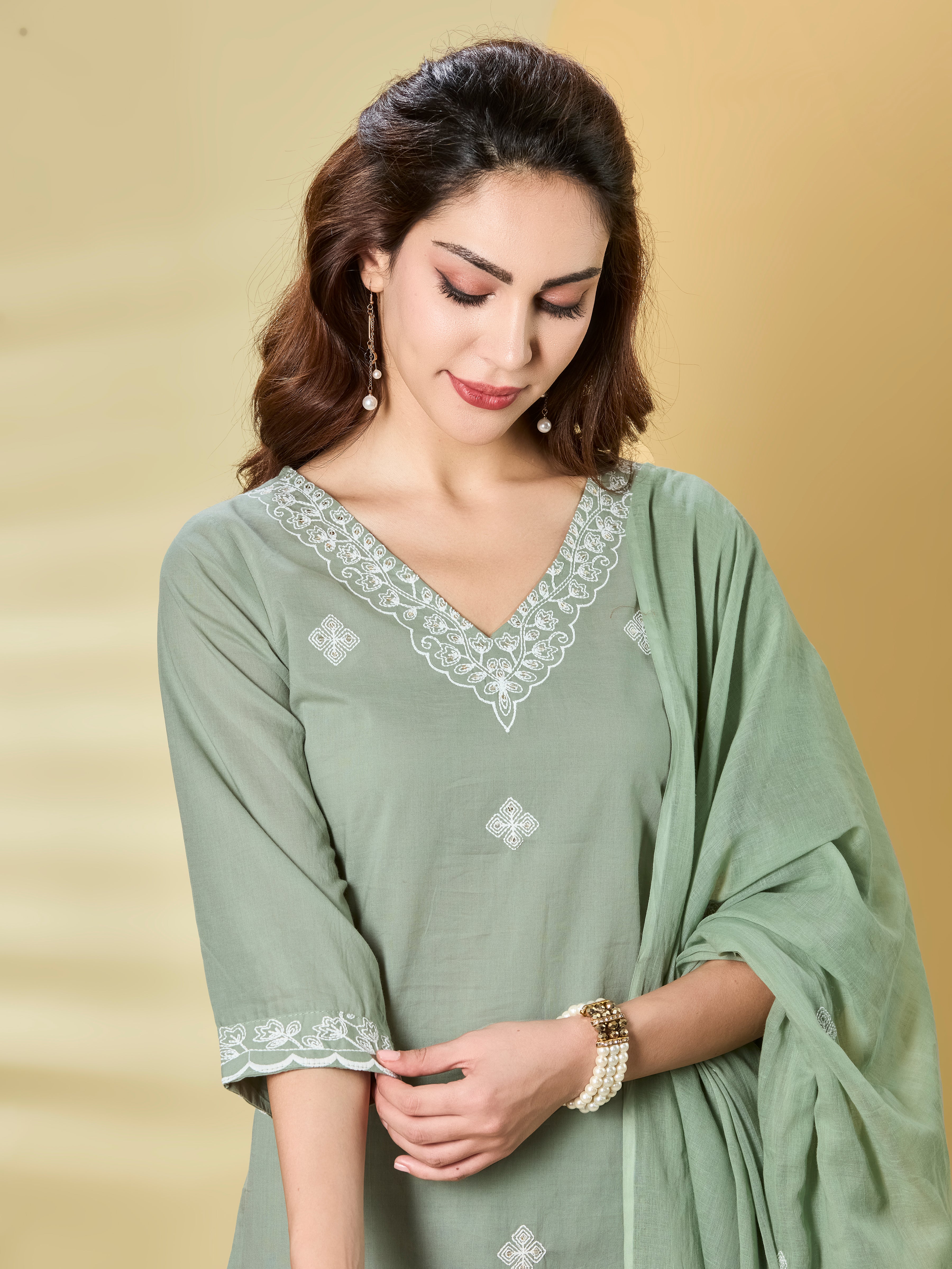 Petal Whisper Cotton Embroidered Straight Suit Set with Dupatta