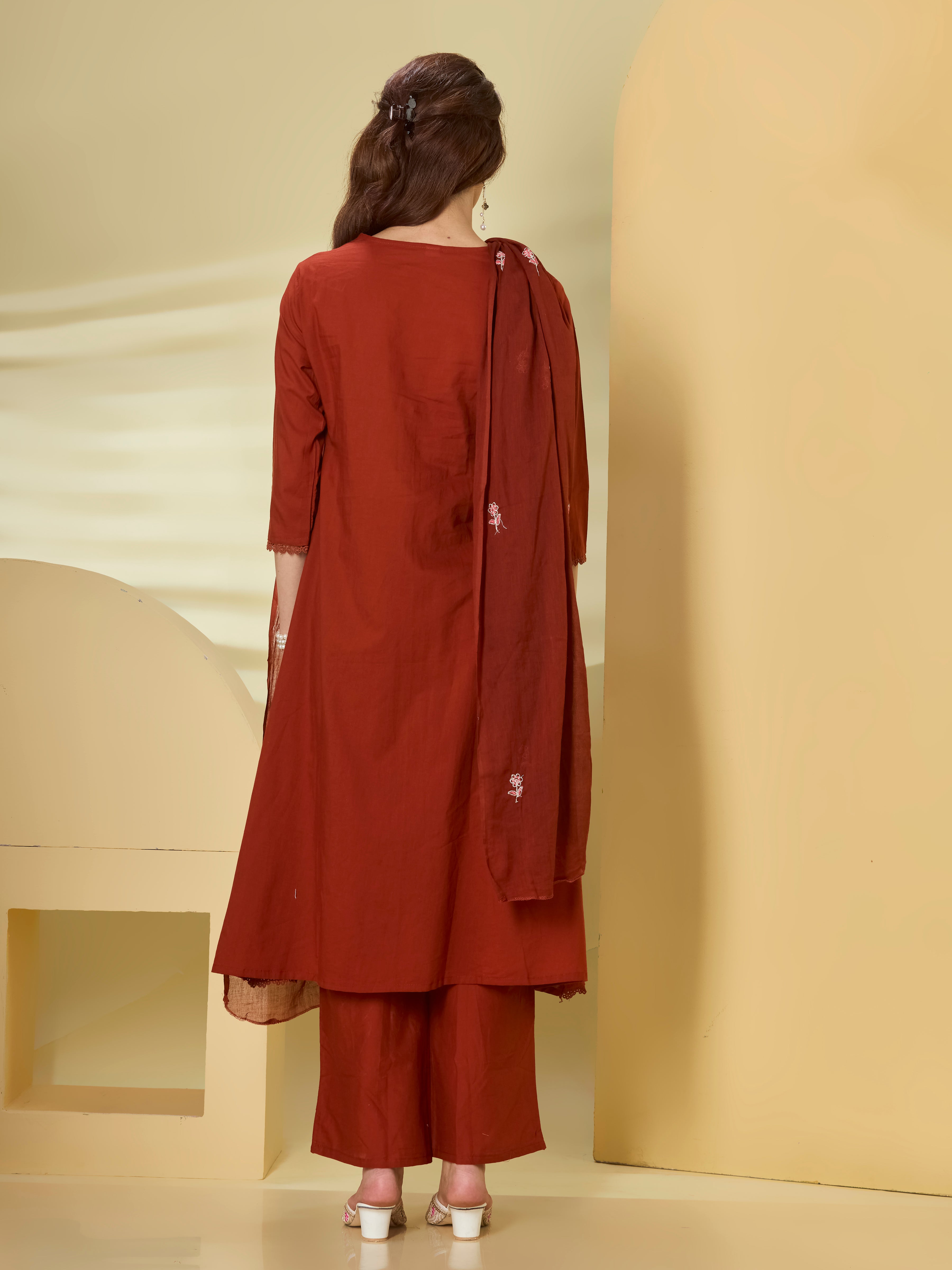 Terra Bloom A-Line Suit Set in Pure Cotton with Floral Embroidery & Palazzo