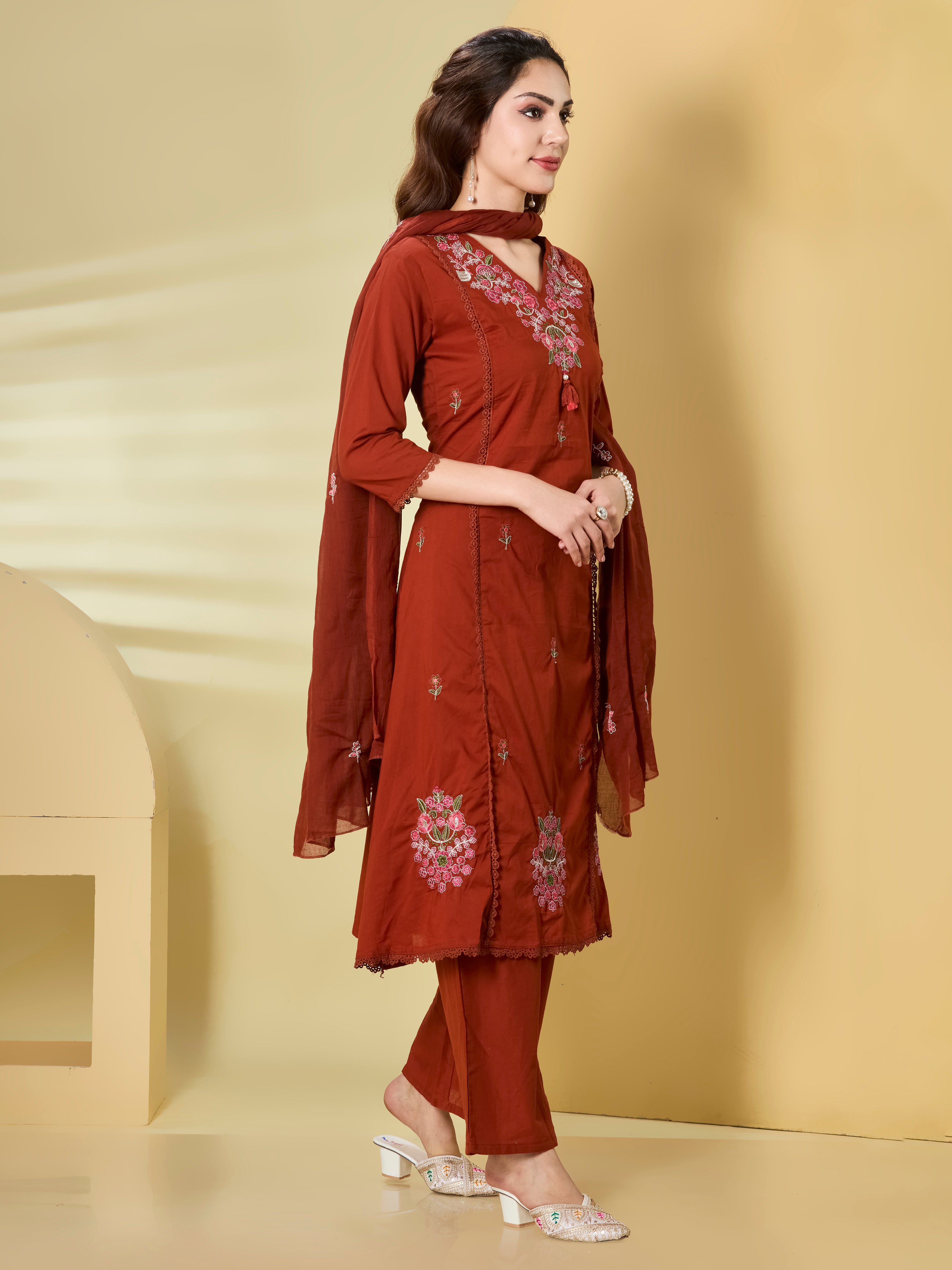 Terra Bloom A-Line Suit Set in Pure Cotton with Floral Embroidery & Palazzo