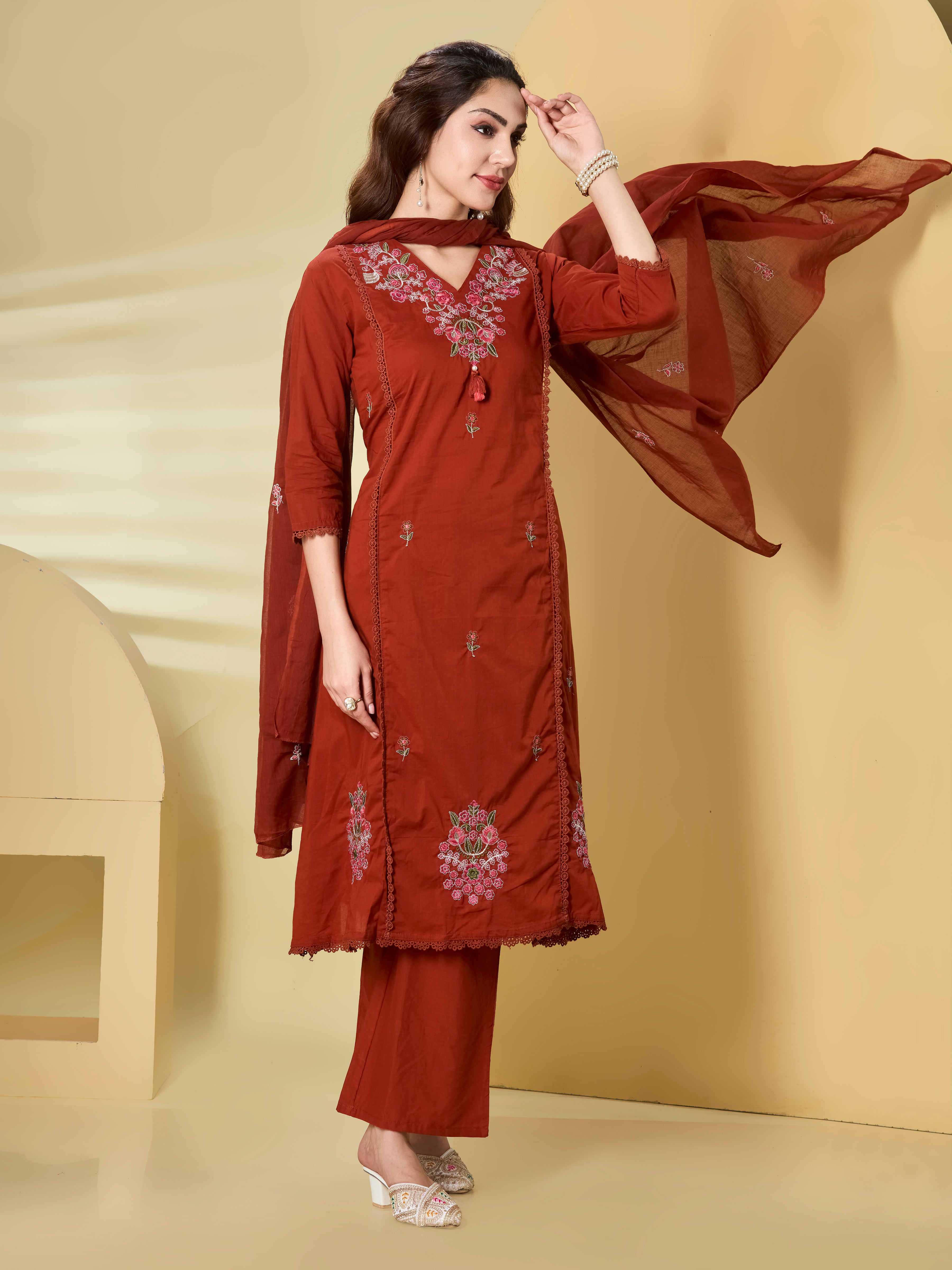Terra Bloom A-Line Suit Set in Pure Cotton with Floral Embroidery & Palazzo