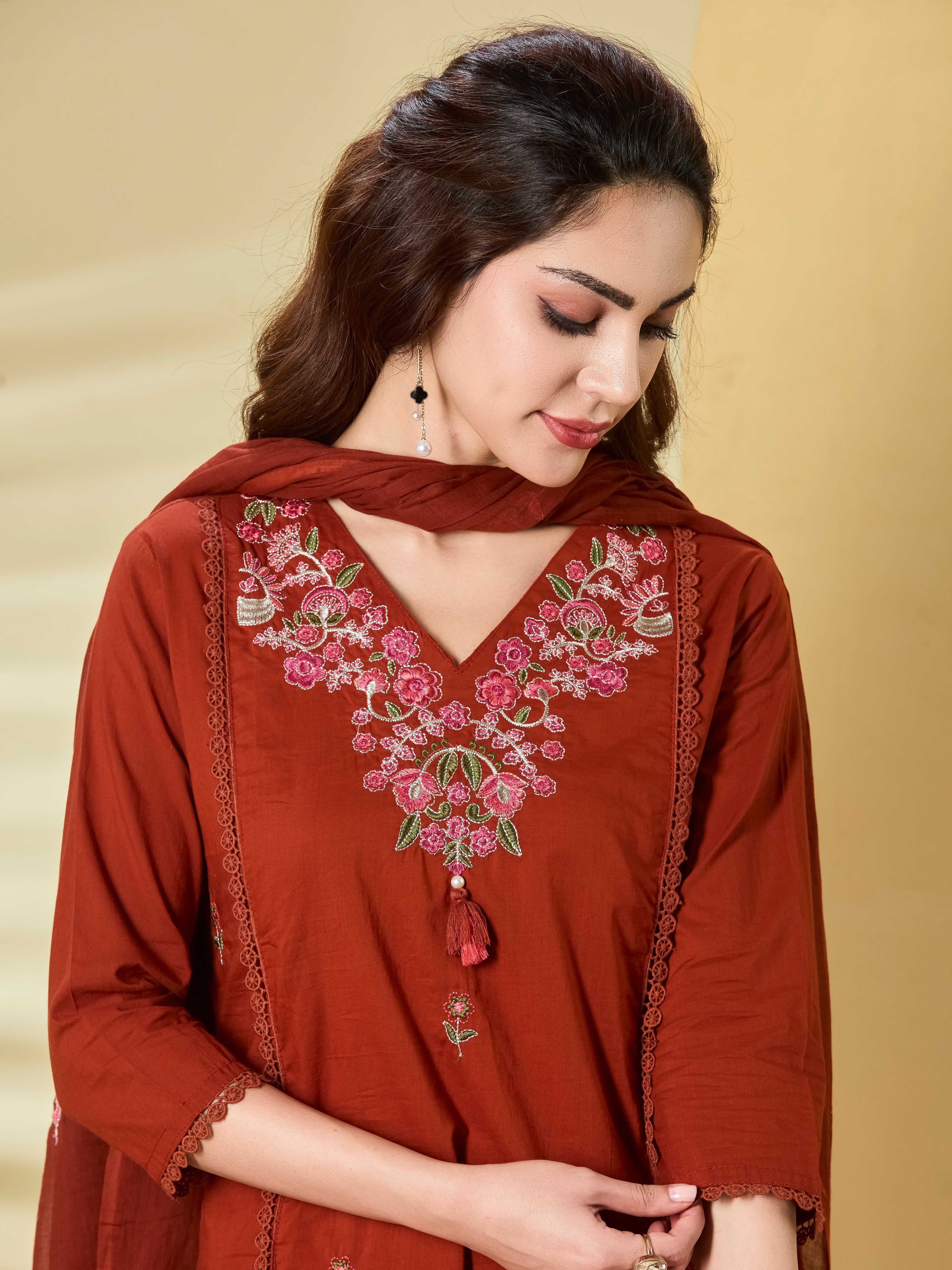 Terra Bloom A-Line Suit Set in Pure Cotton with Floral Embroidery & Palazzo