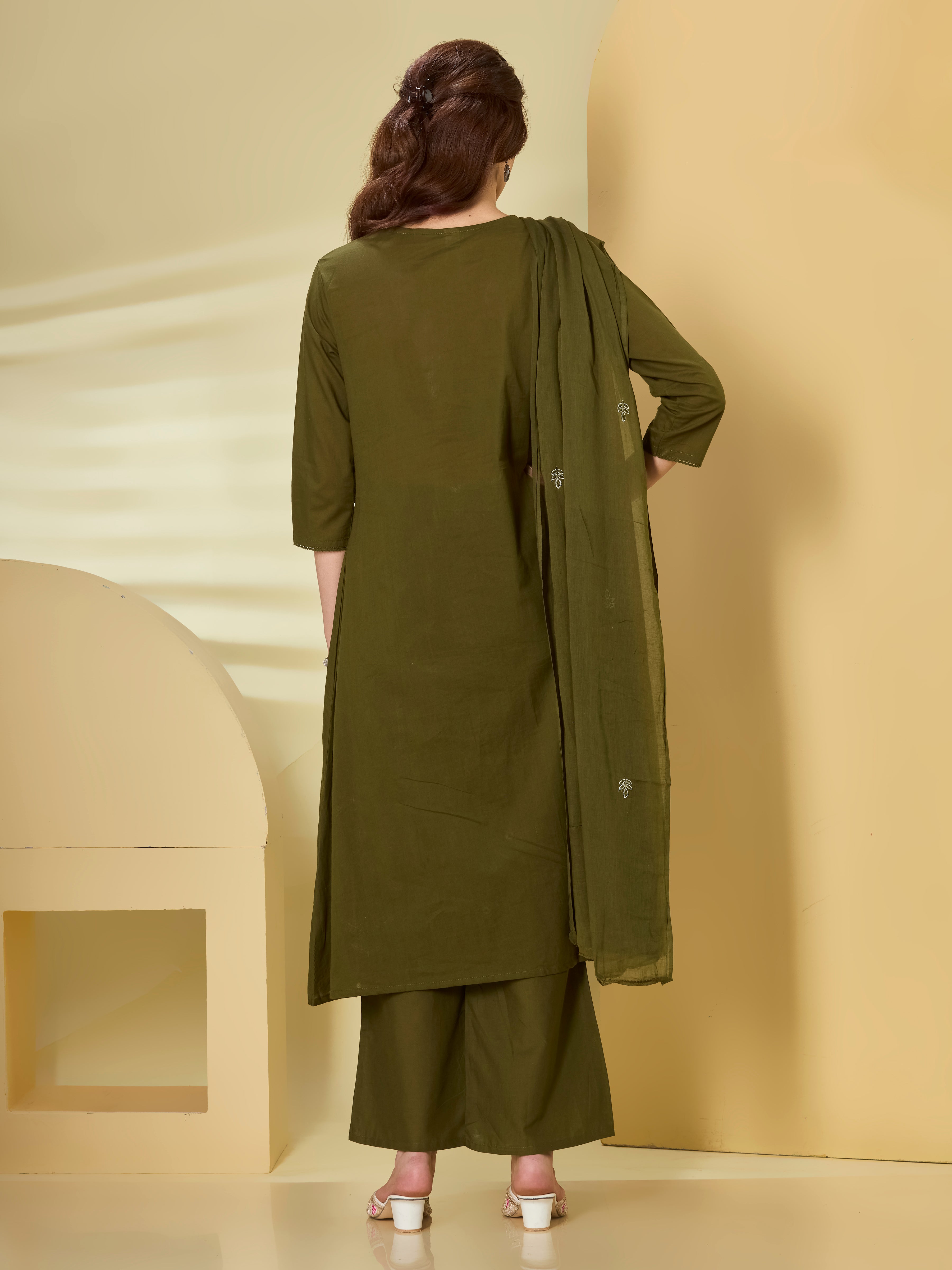 Floral Palazzo A-Line Kurta Set in Pure Cotton with Tassel V-Neck