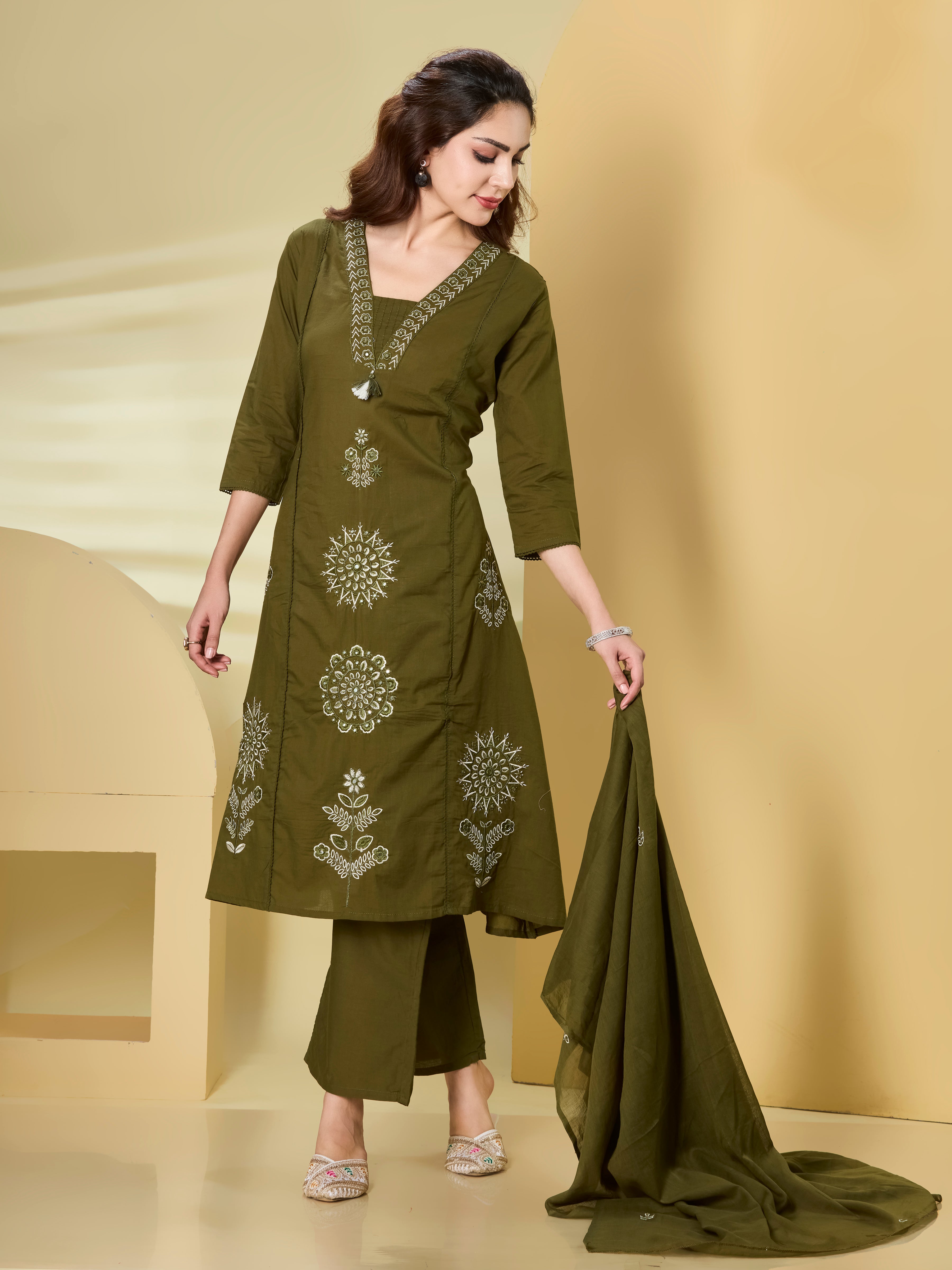 Floral Palazzo A-Line Kurta Set in Pure Cotton with Tassel V-Neck
