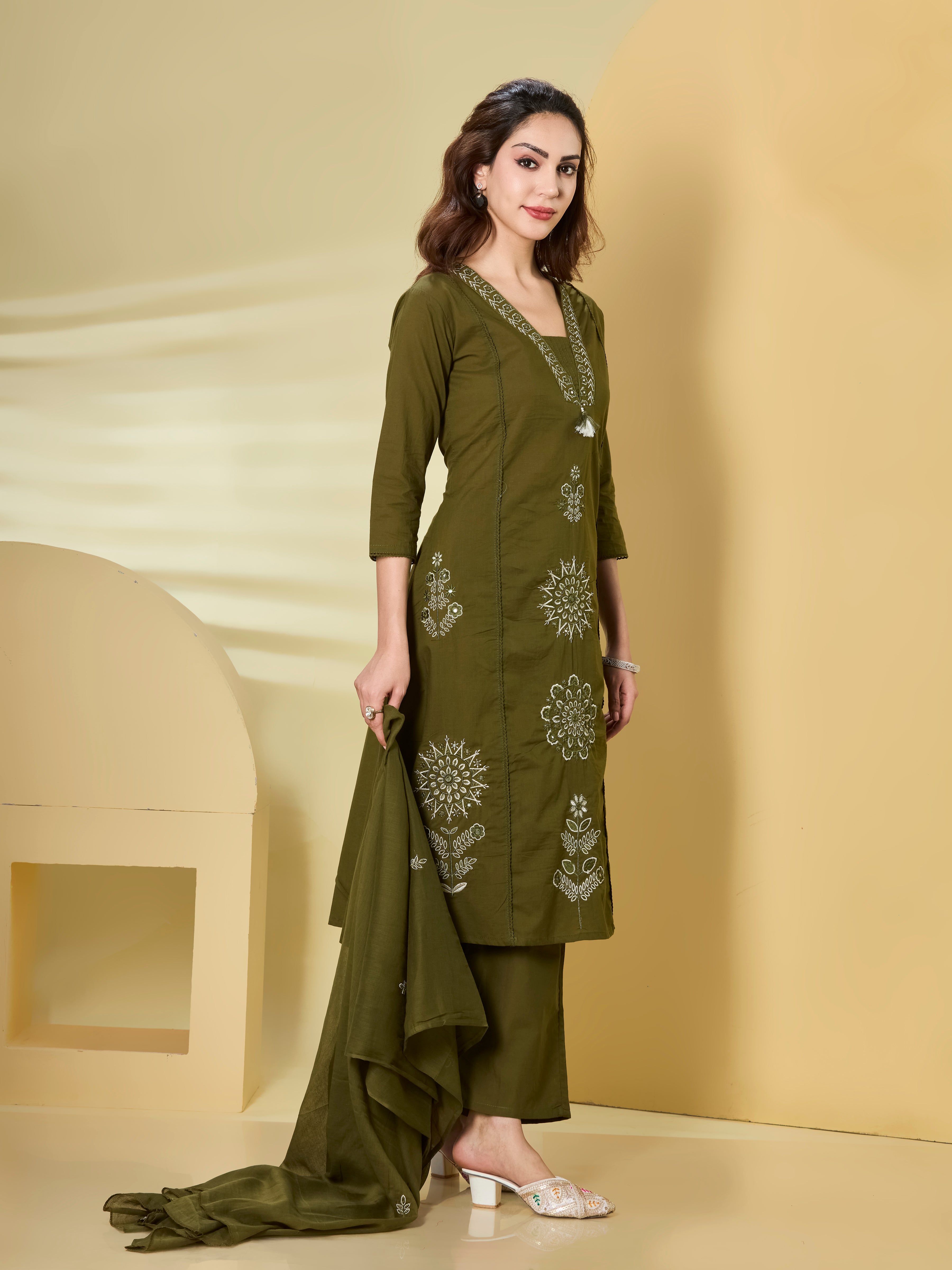 Floral Palazzo A-Line Kurta Set in Pure Cotton with Tassel V-Neck