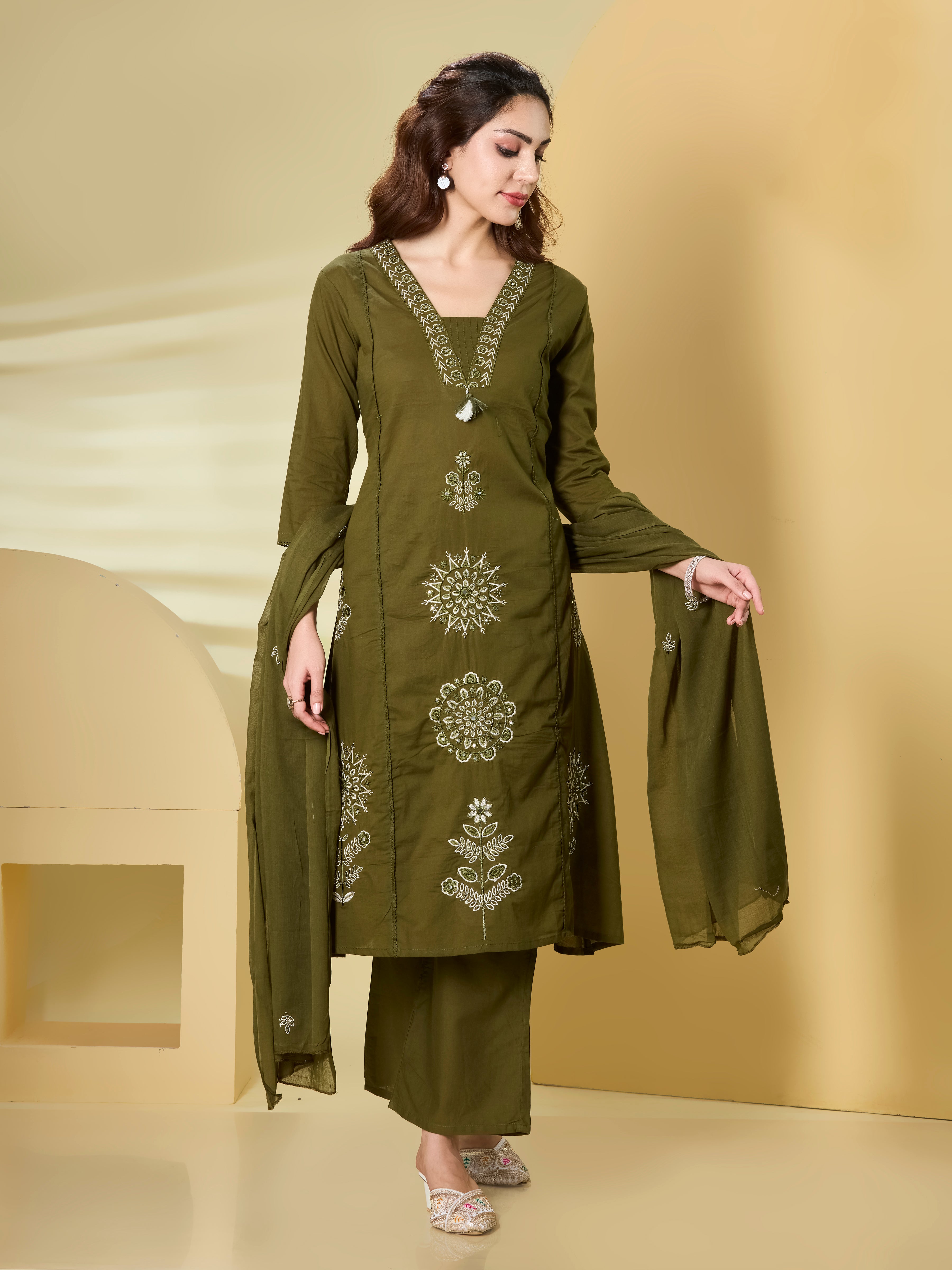Floral Palazzo A-Line Kurta Set in Pure Cotton with Tassel V-Neck