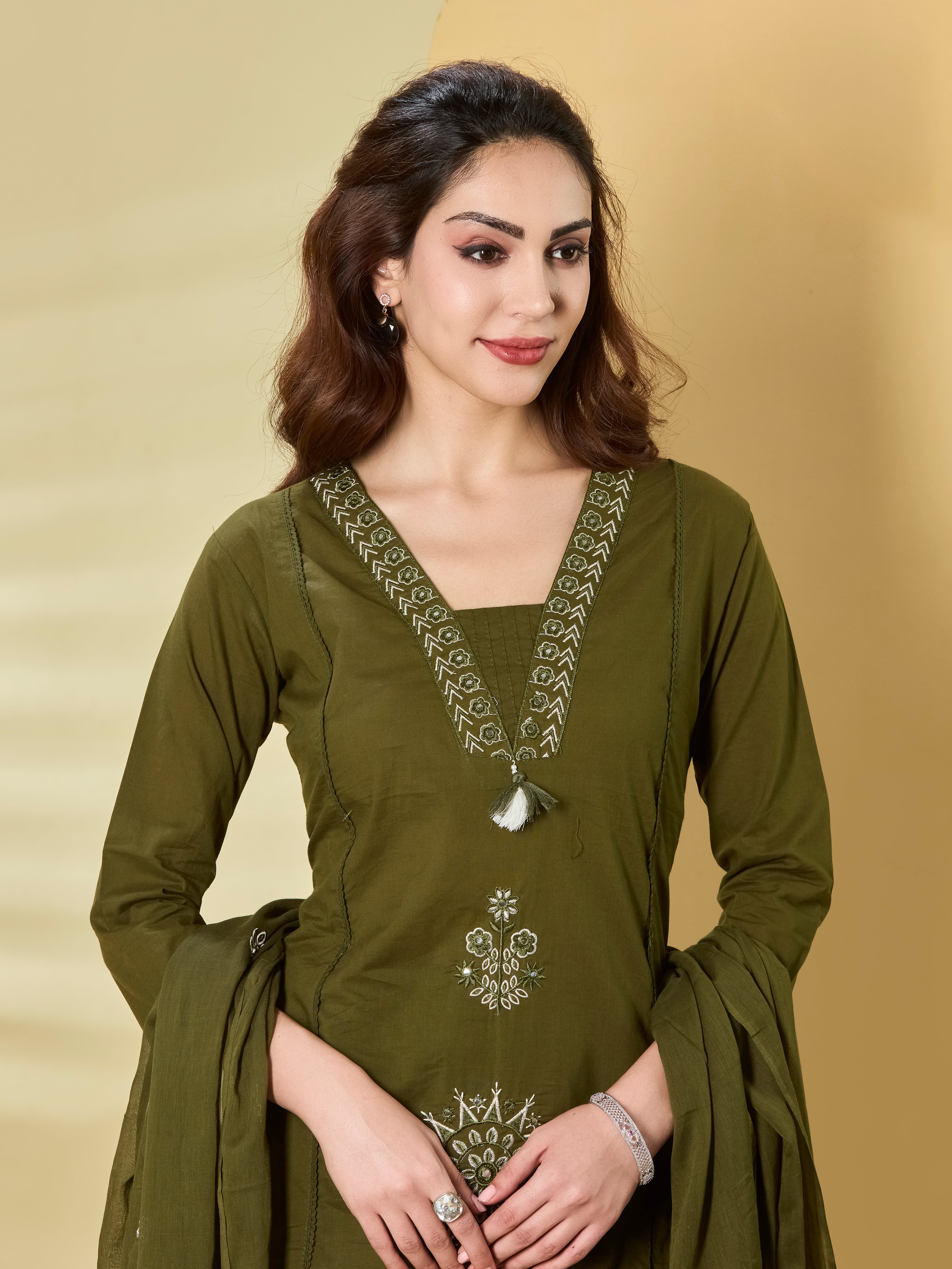 Floral Palazzo A-Line Kurta Set in Pure Cotton with Tassel V-Neck