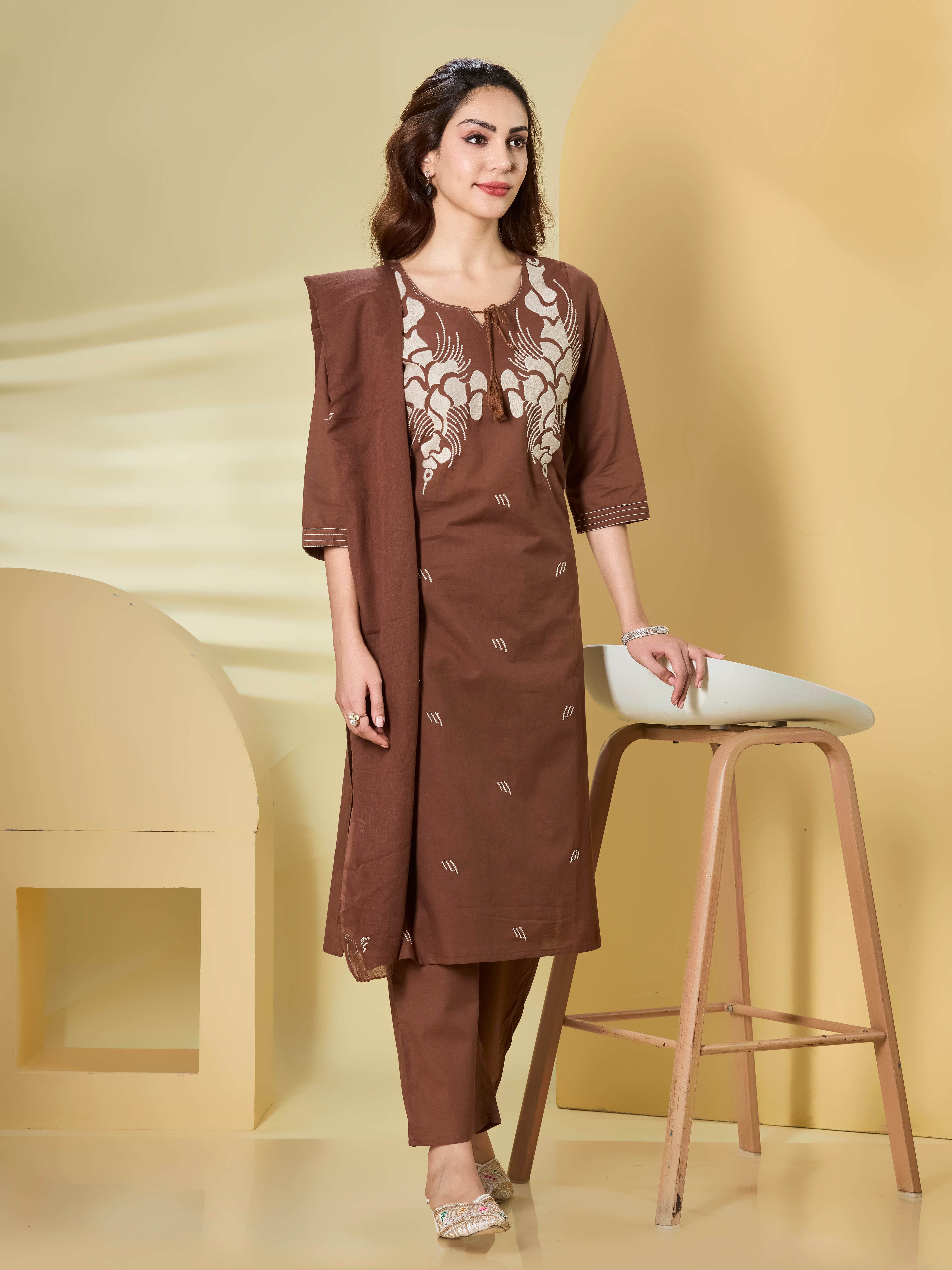 Heritage Bloom Cotton Embroidered Straight Suit Set with Dupatta