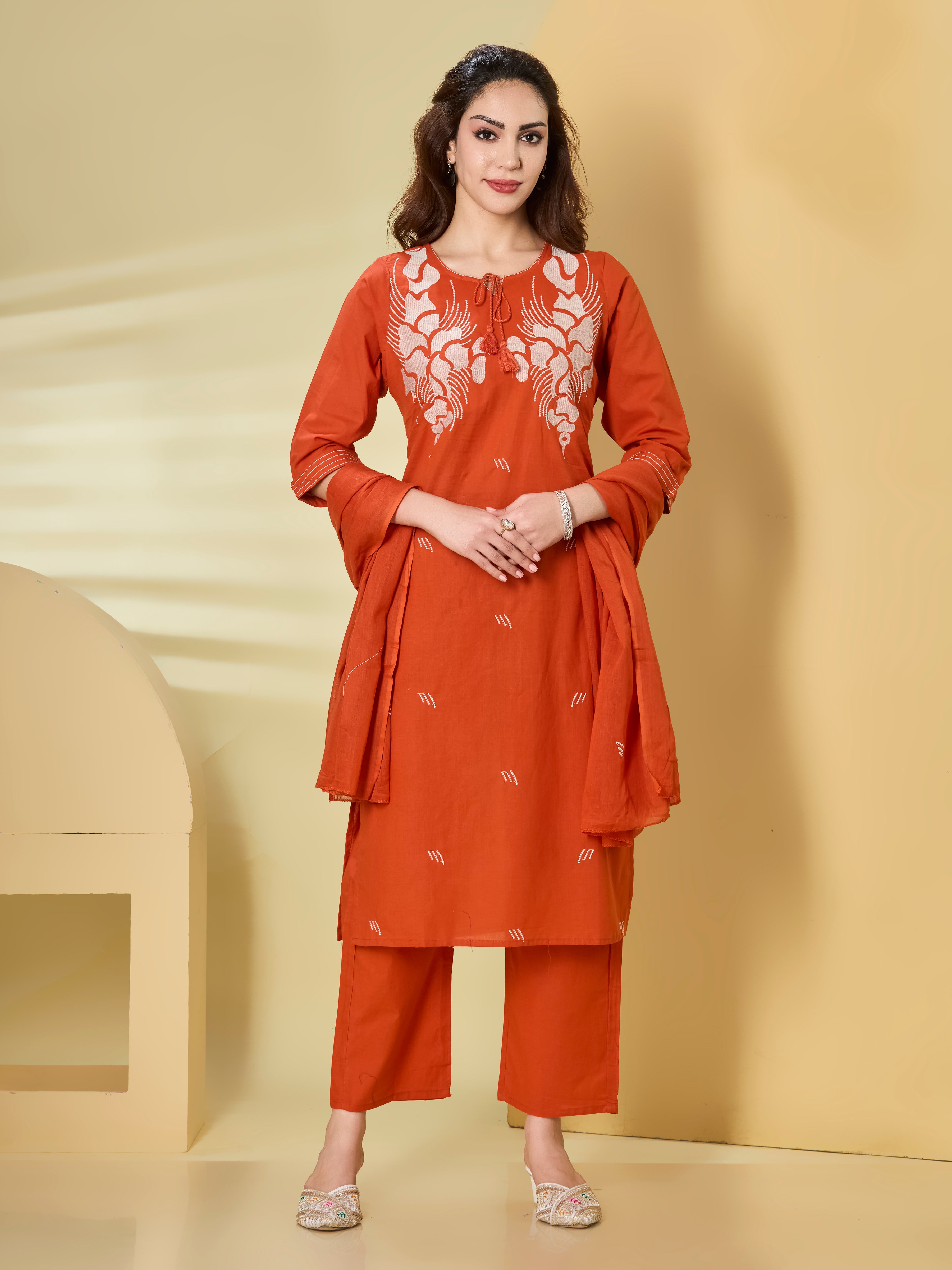 Heritage Bloom Cotton Embroidered Straight Suit Set with Dupatta
