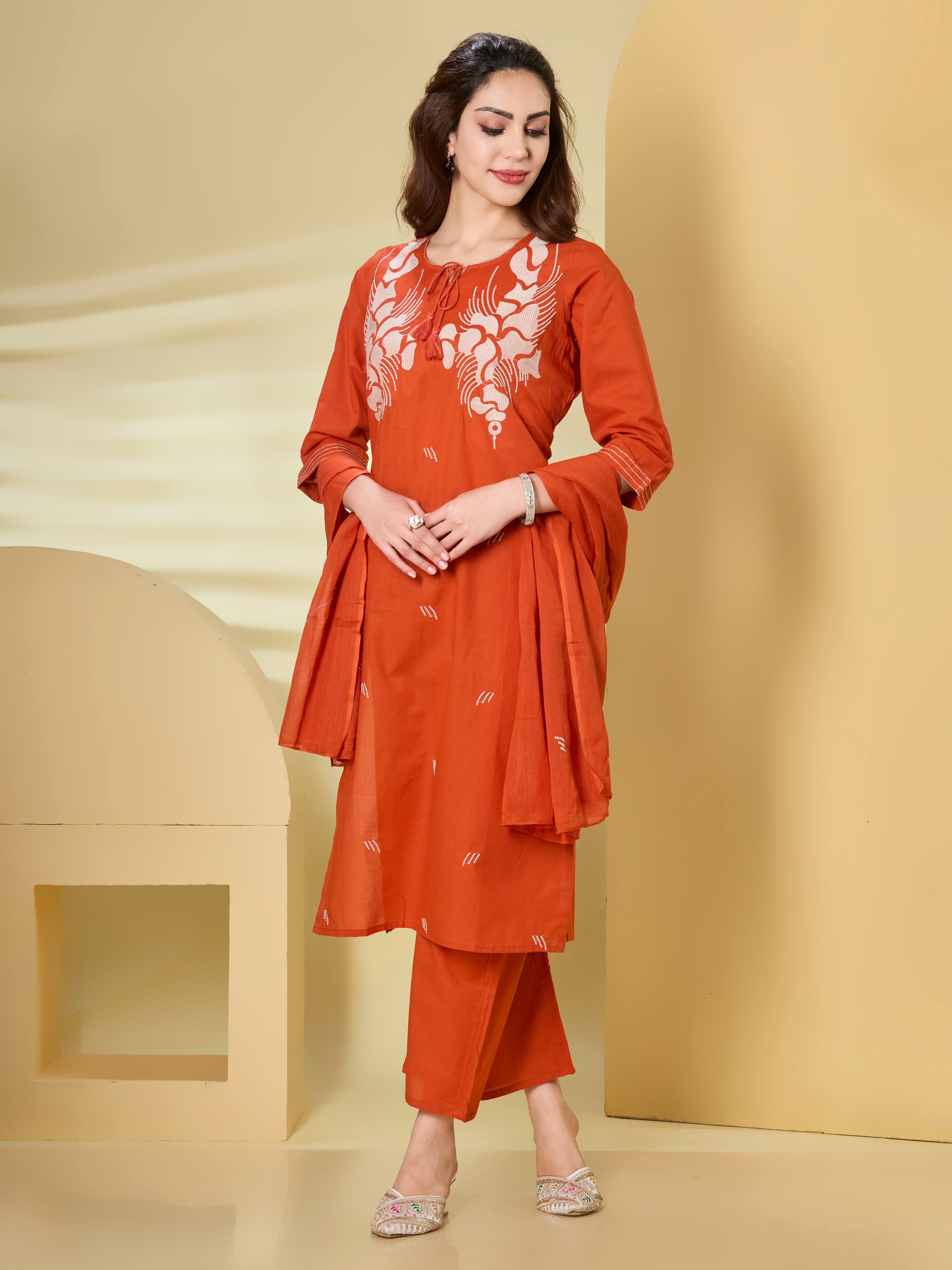 Heritage Bloom Cotton Embroidered Straight Suit Set with Dupatta