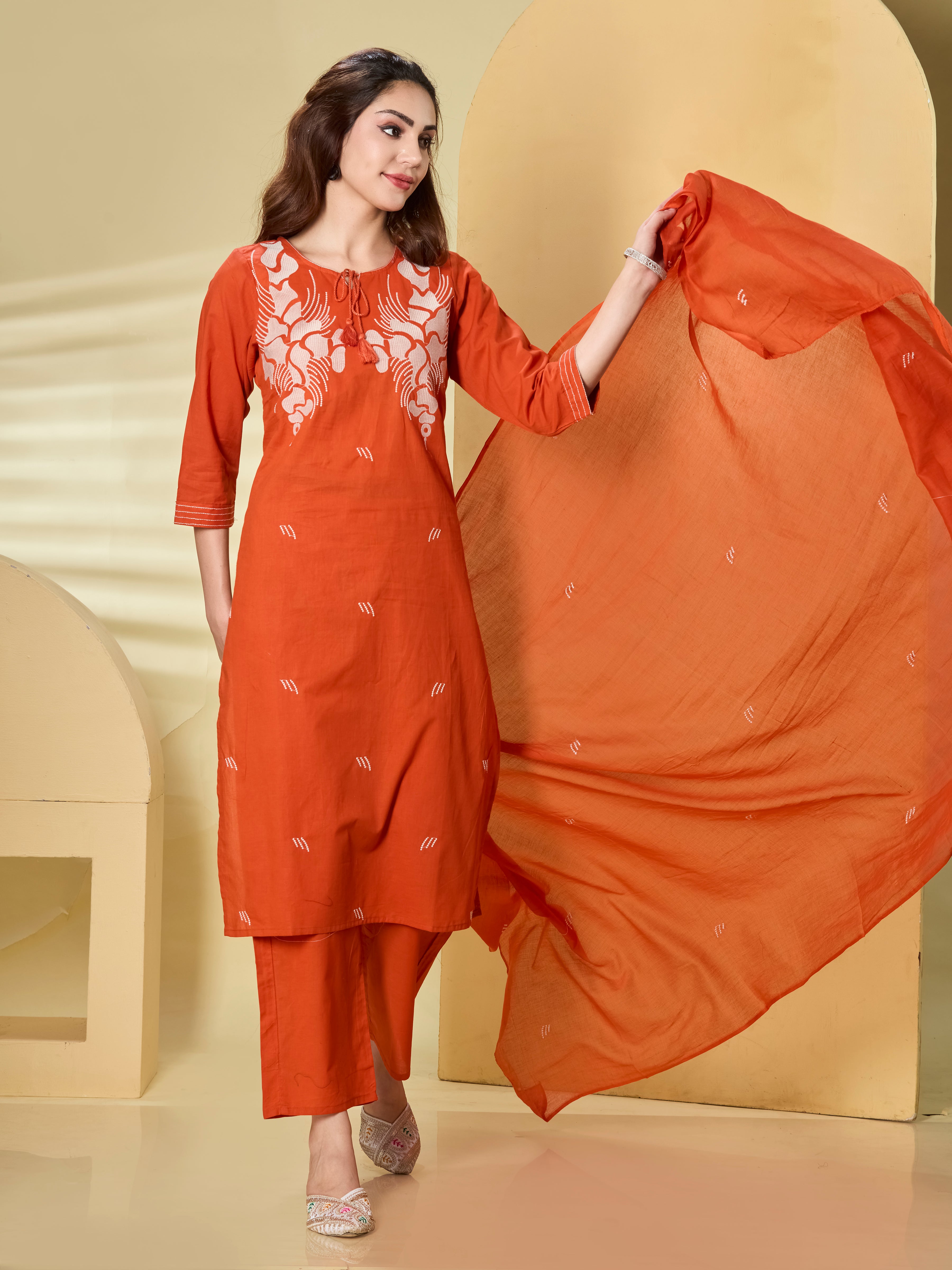 Heritage Bloom Cotton Embroidered Straight Suit Set with Dupatta