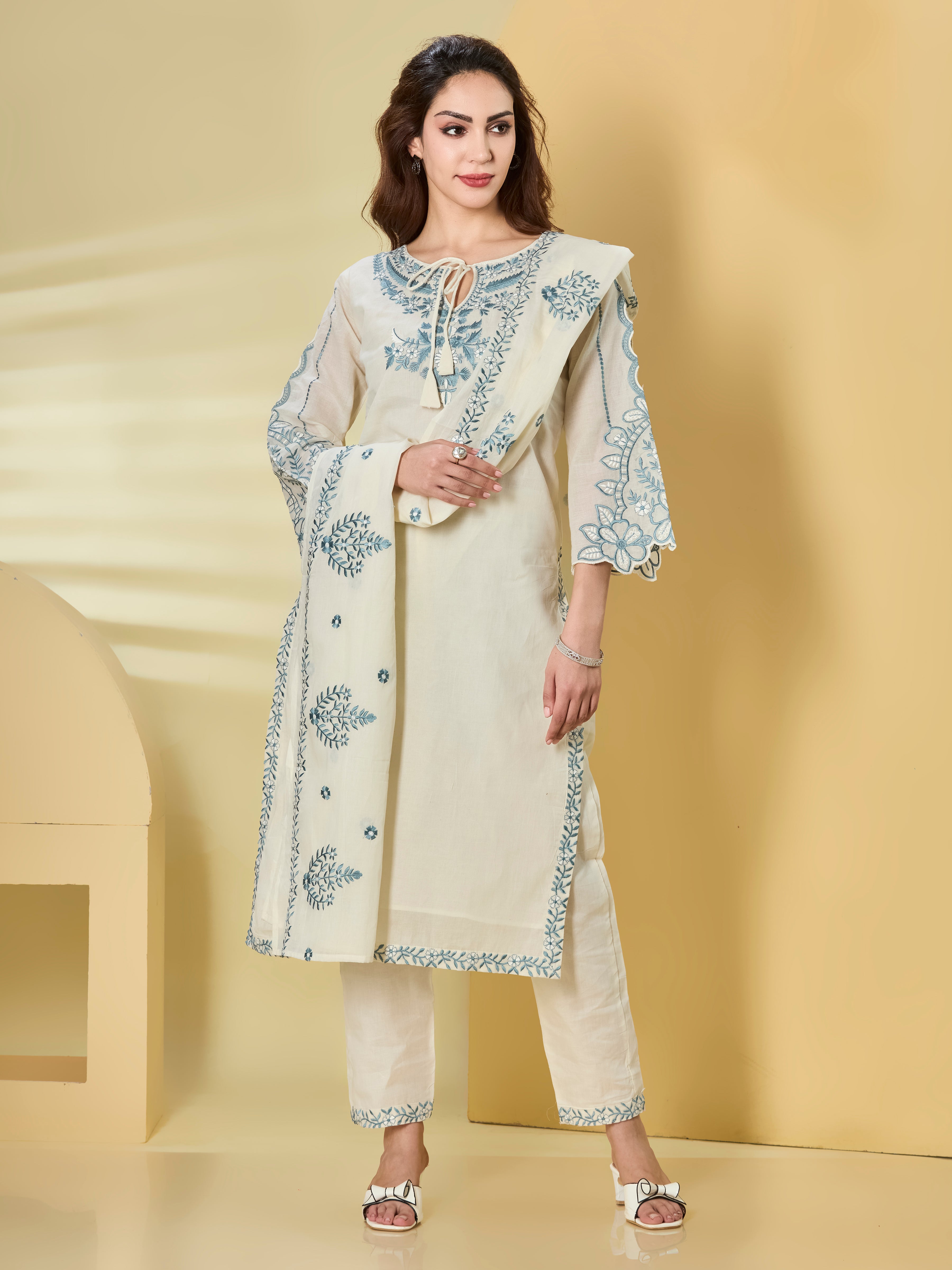 Ivory & Powder Blue Embroidered Cotton Straight Suit Set with Dupatta