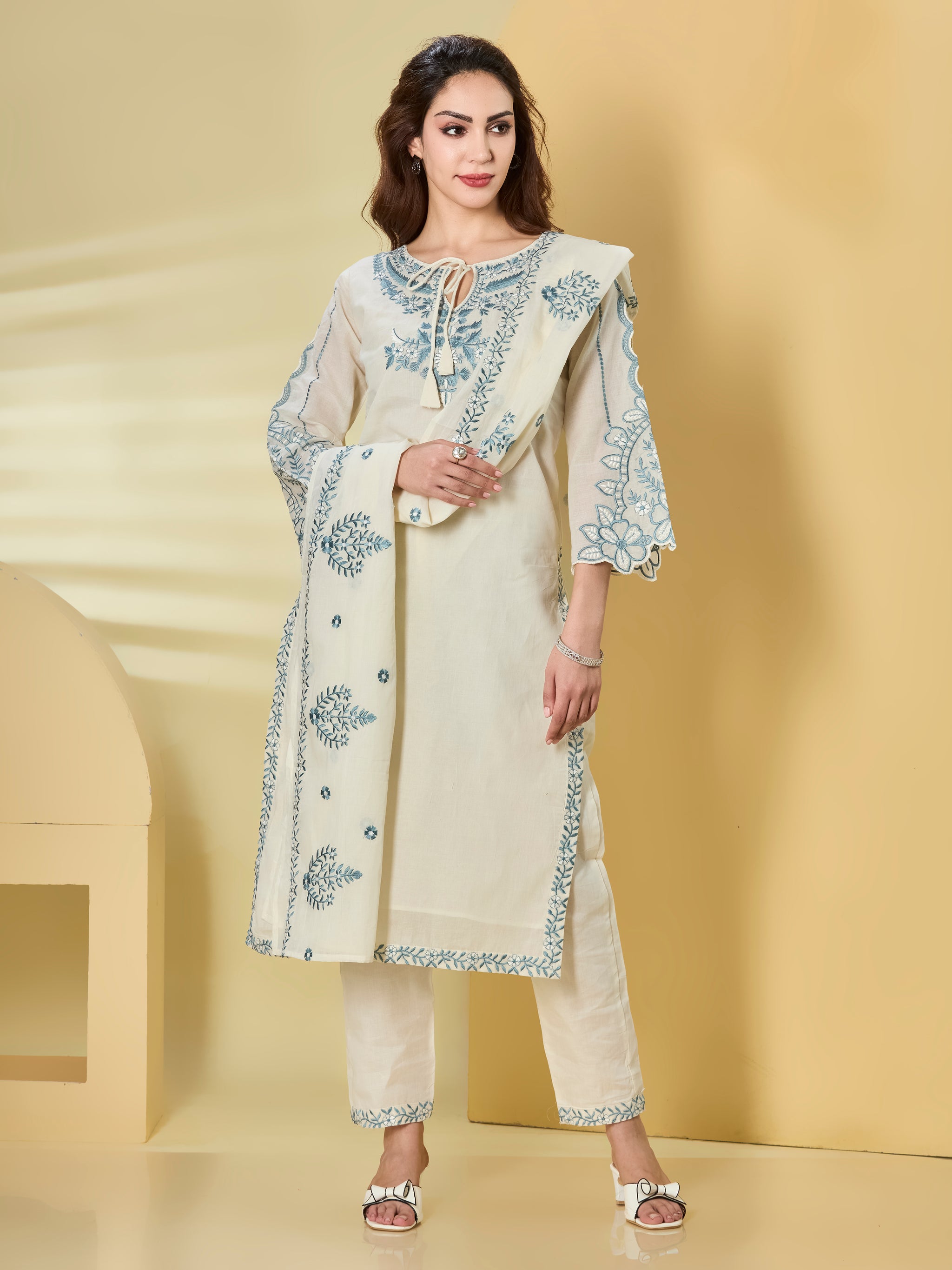 Ivory & Powder Blue Embroidered Cotton Straight Suit Set with Dupatt
