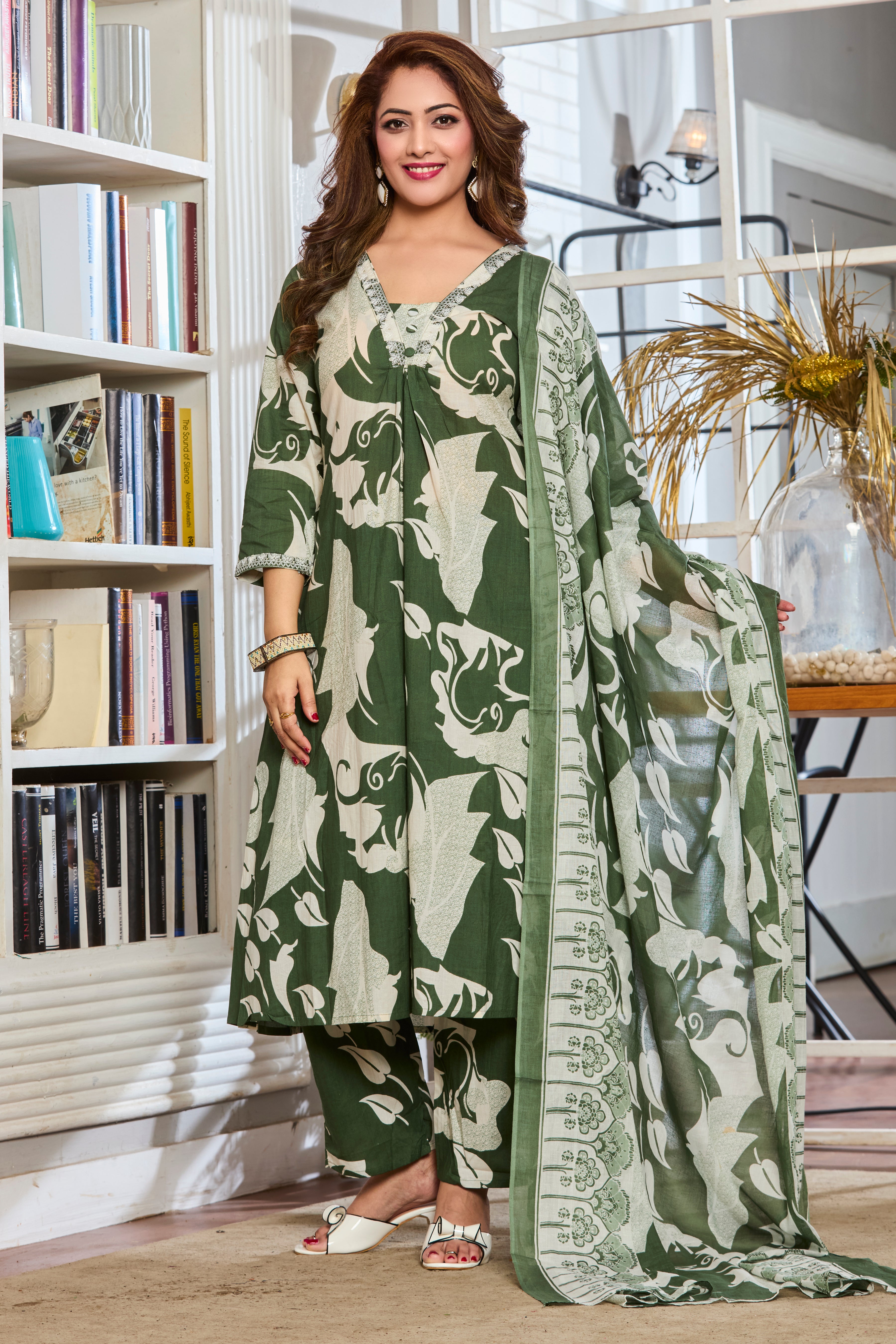 Olive Green & Pearl White Hand Block Floral Print A-Line Kurta with Lightweight cotton dupatta