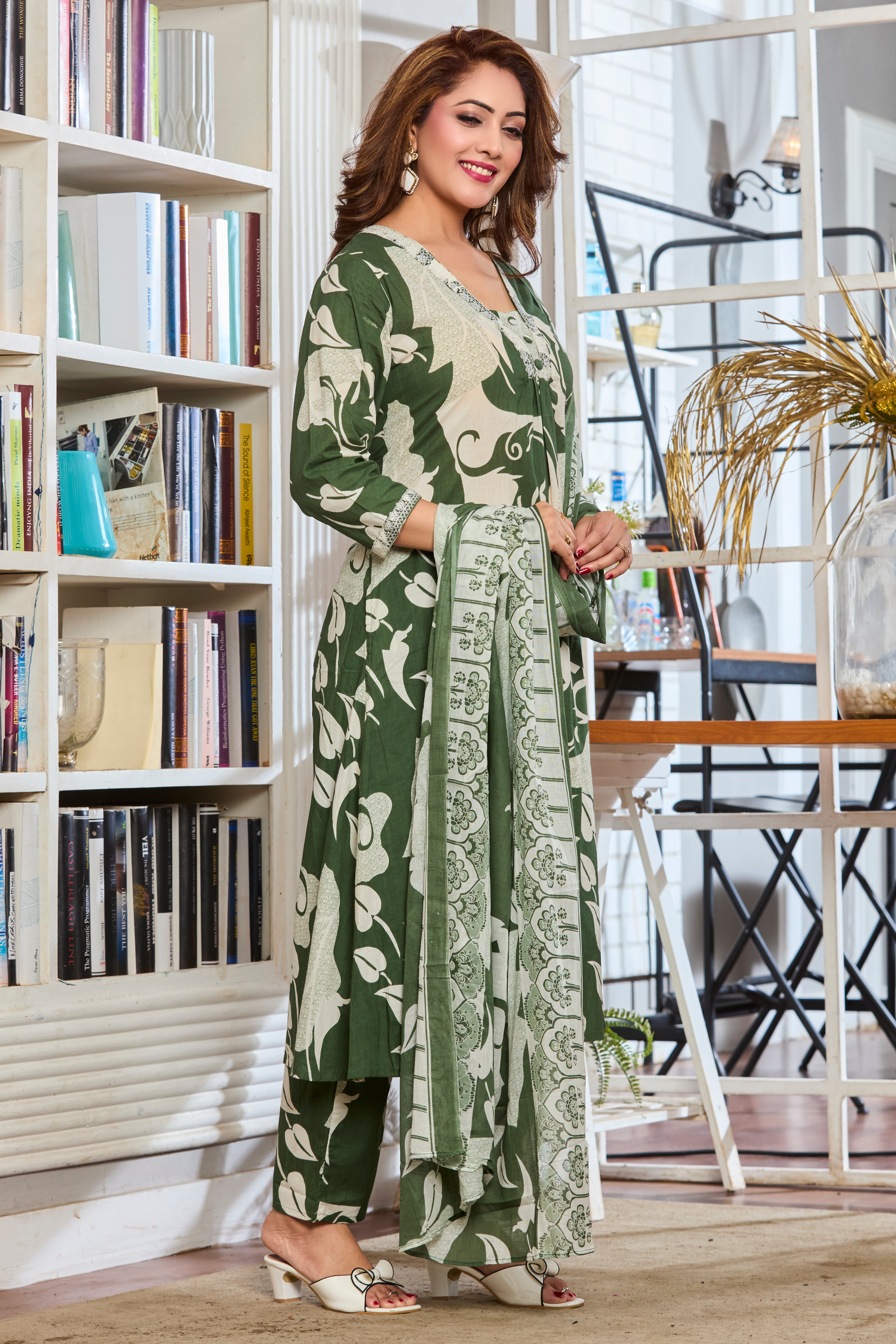 Olive Green & Pearl White Hand Block Floral Print A-Line Kurta with Lightweight cotton dupatta