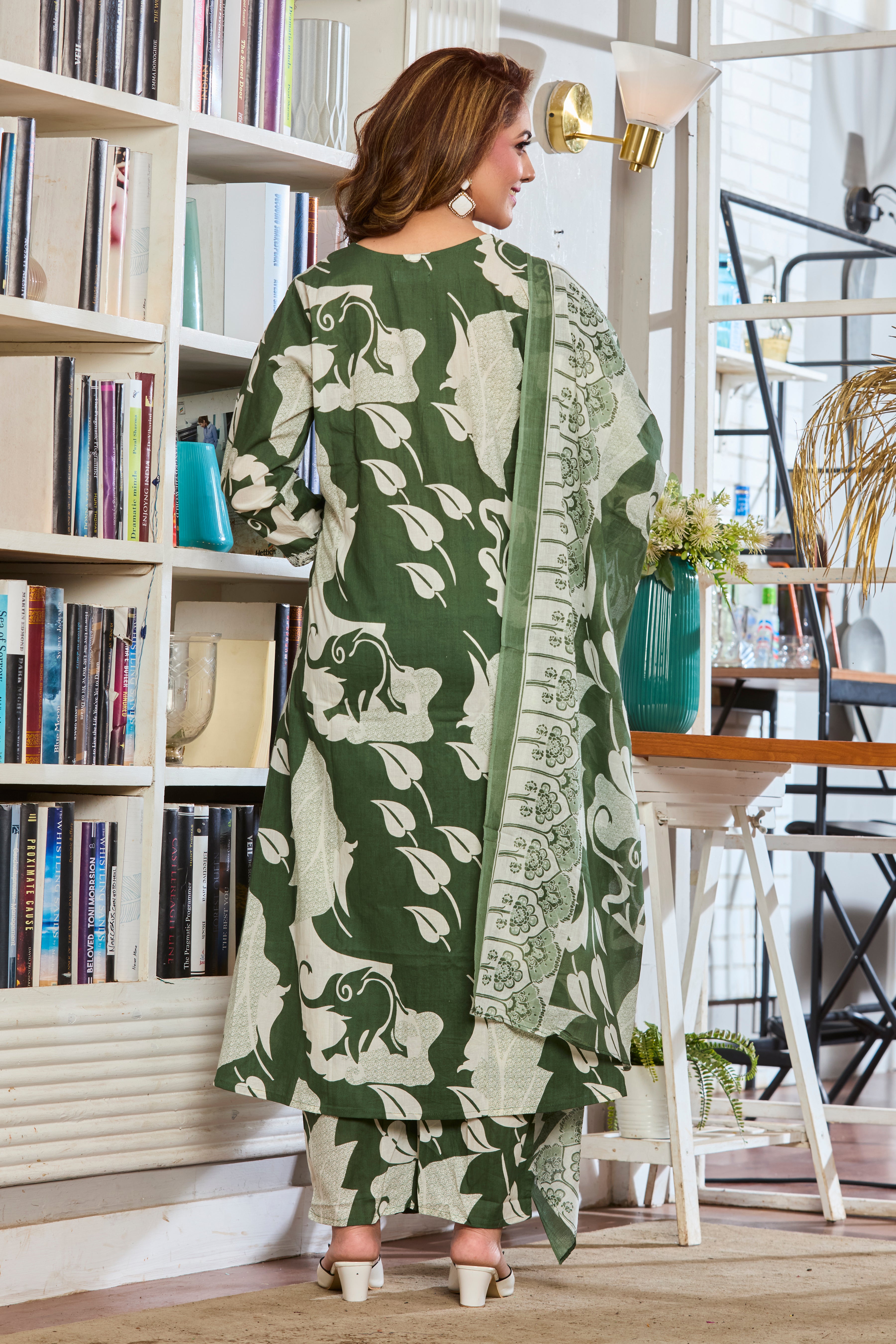 Olive Green & Pearl White Hand Block Floral Print A-Line Kurta with Lightweight cotton dupatta