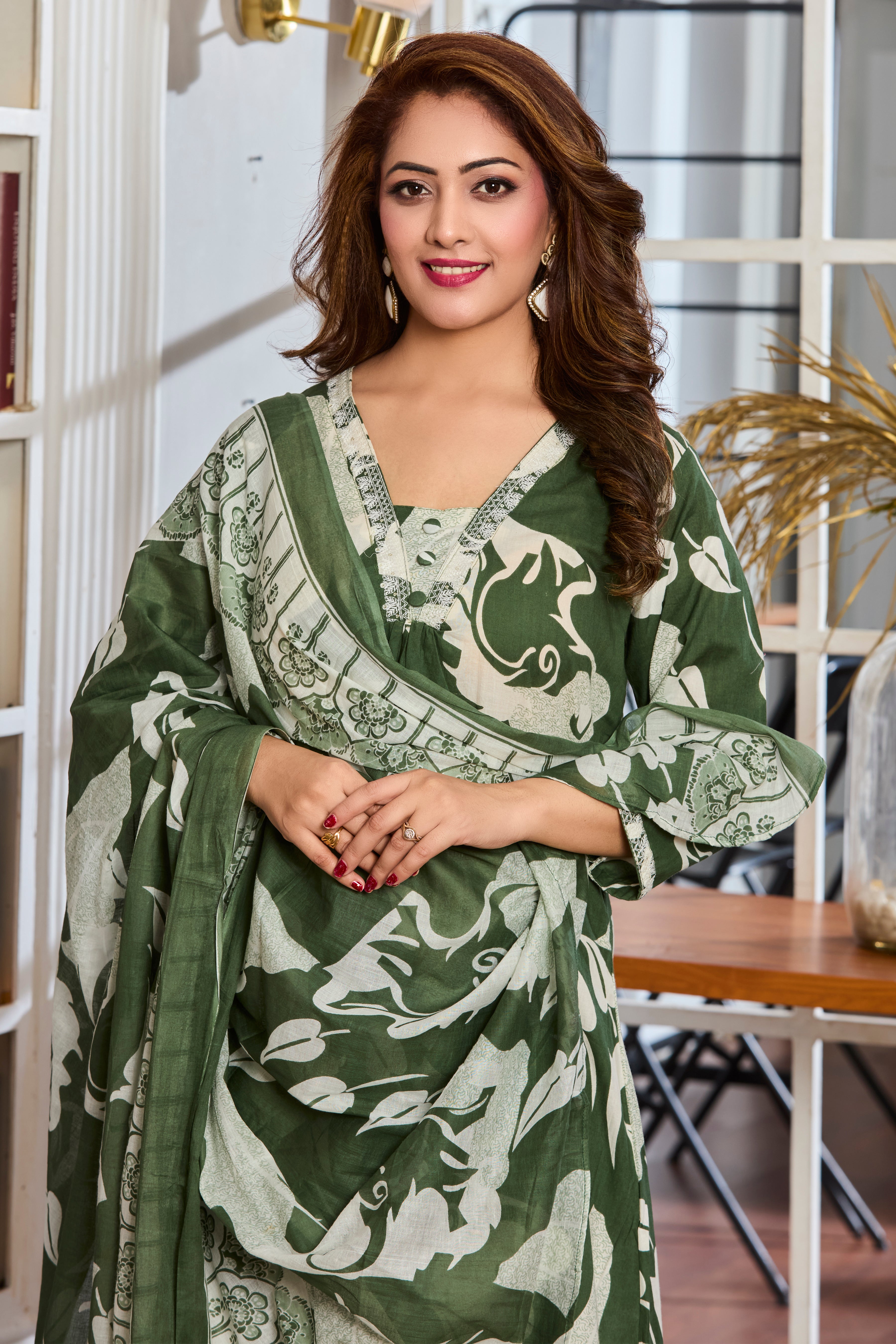 Olive Green & Pearl White Hand Block Floral Print A-Line Kurta with Lightweight cotton dupatta