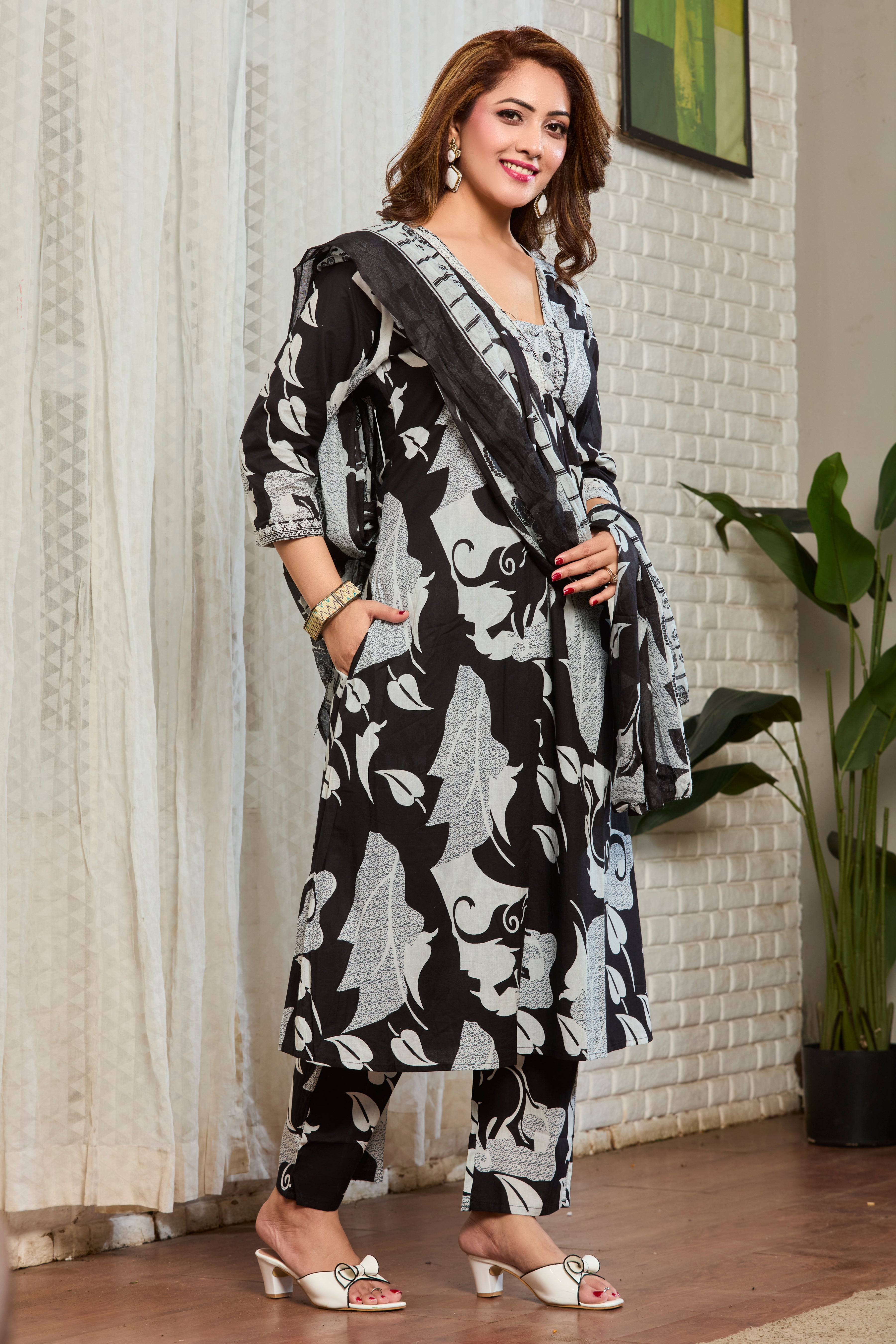 Charcoal Black & Pearl White Hand Block Floral Print A-Line Kurta with Lightweight cotton dupatta