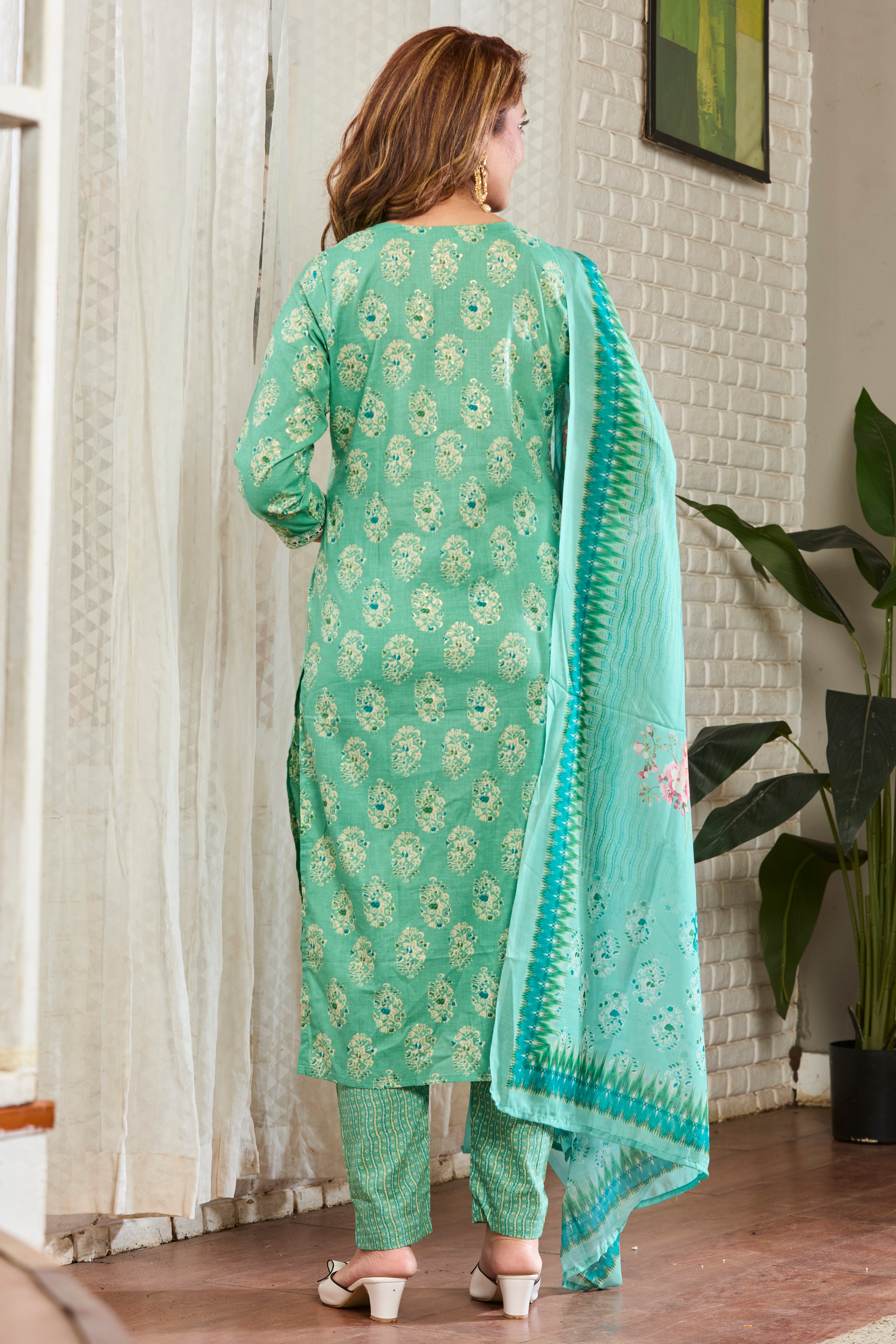 Mint Green Floral Motfits Straight Suit Set with Cotton Dupatta