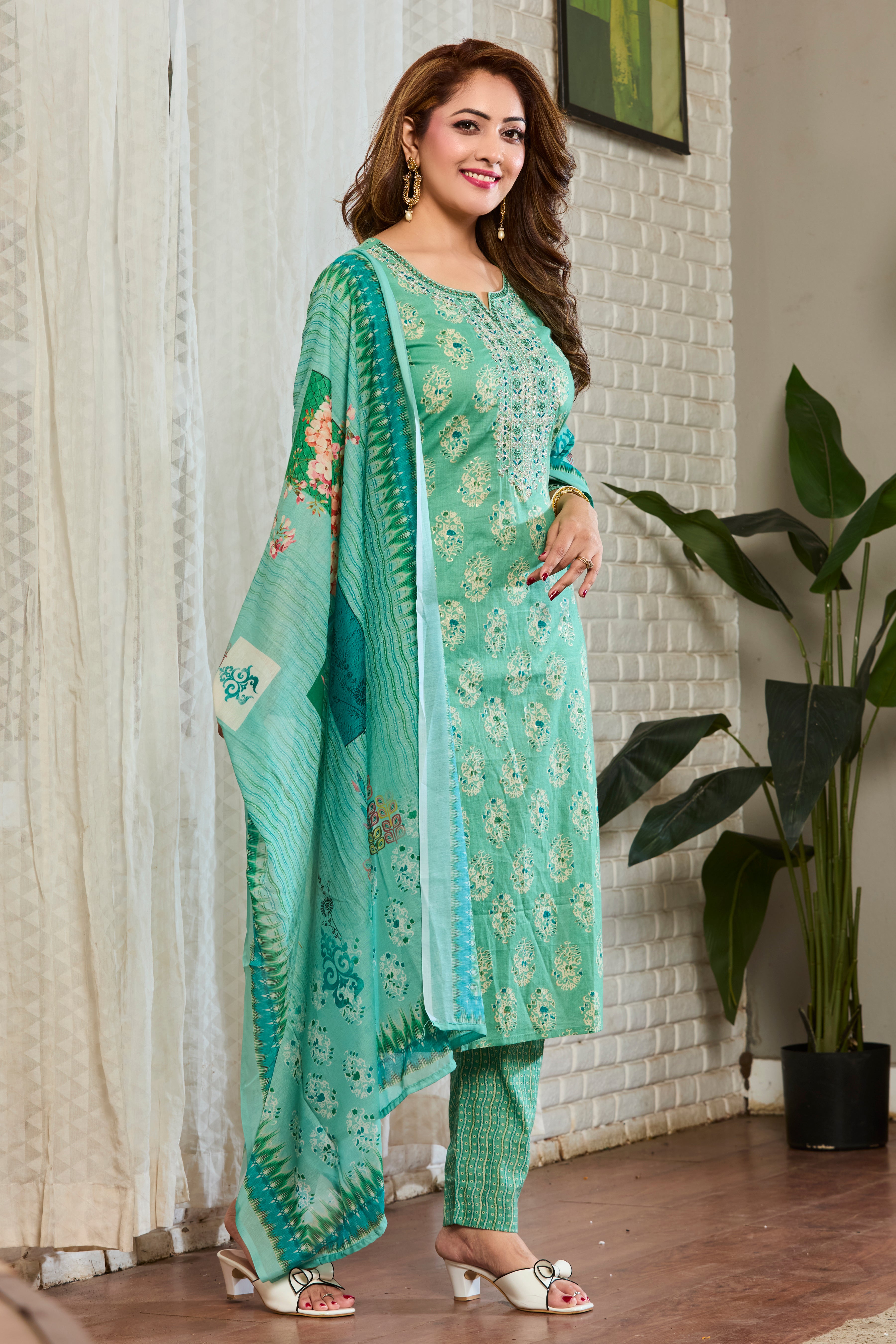 Mint Green Floral Motfits Straight Suit Set with Cotton Dupatta
