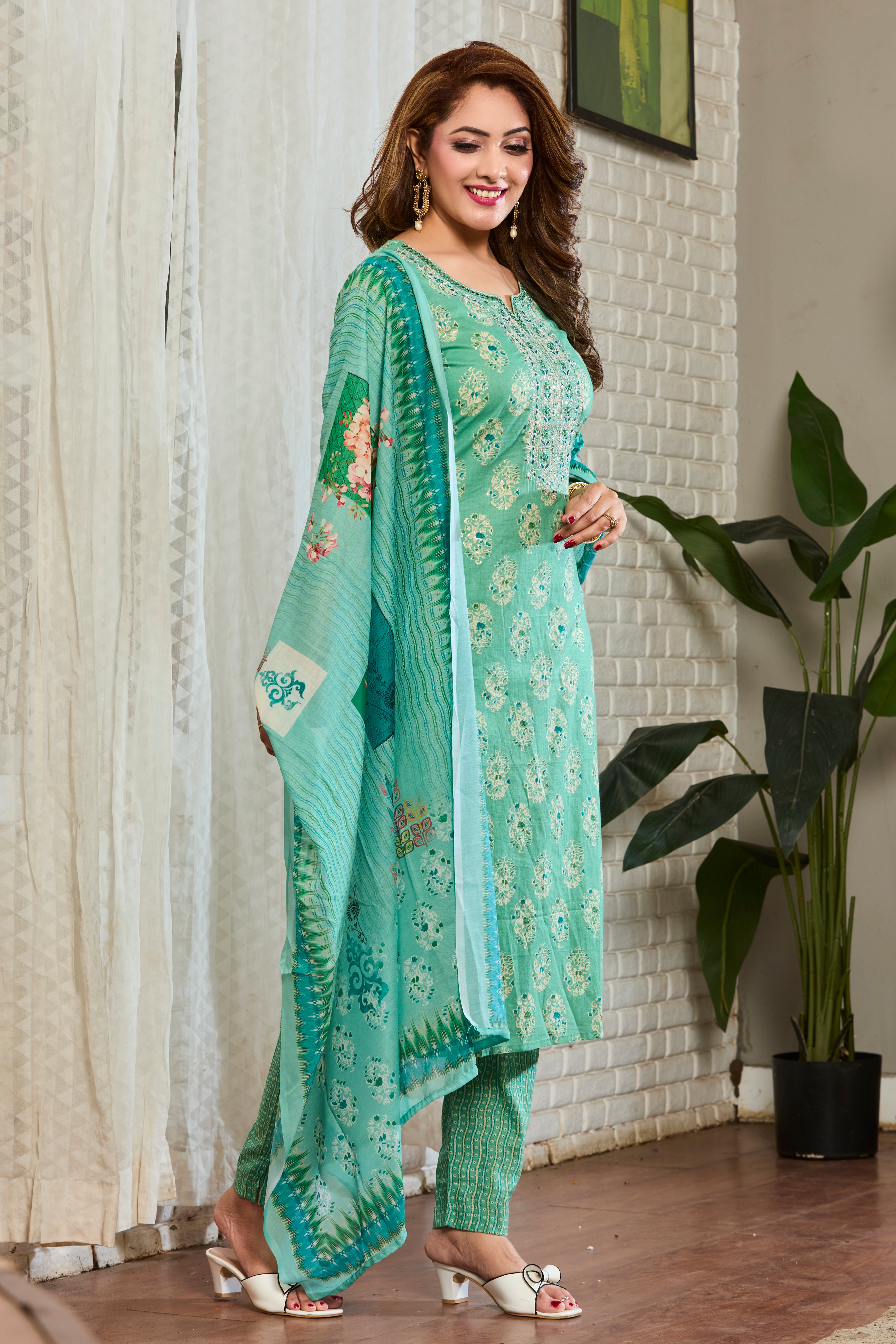 Mint Green Floral Motfits Straight Suit Set with Cotton Dupatta
