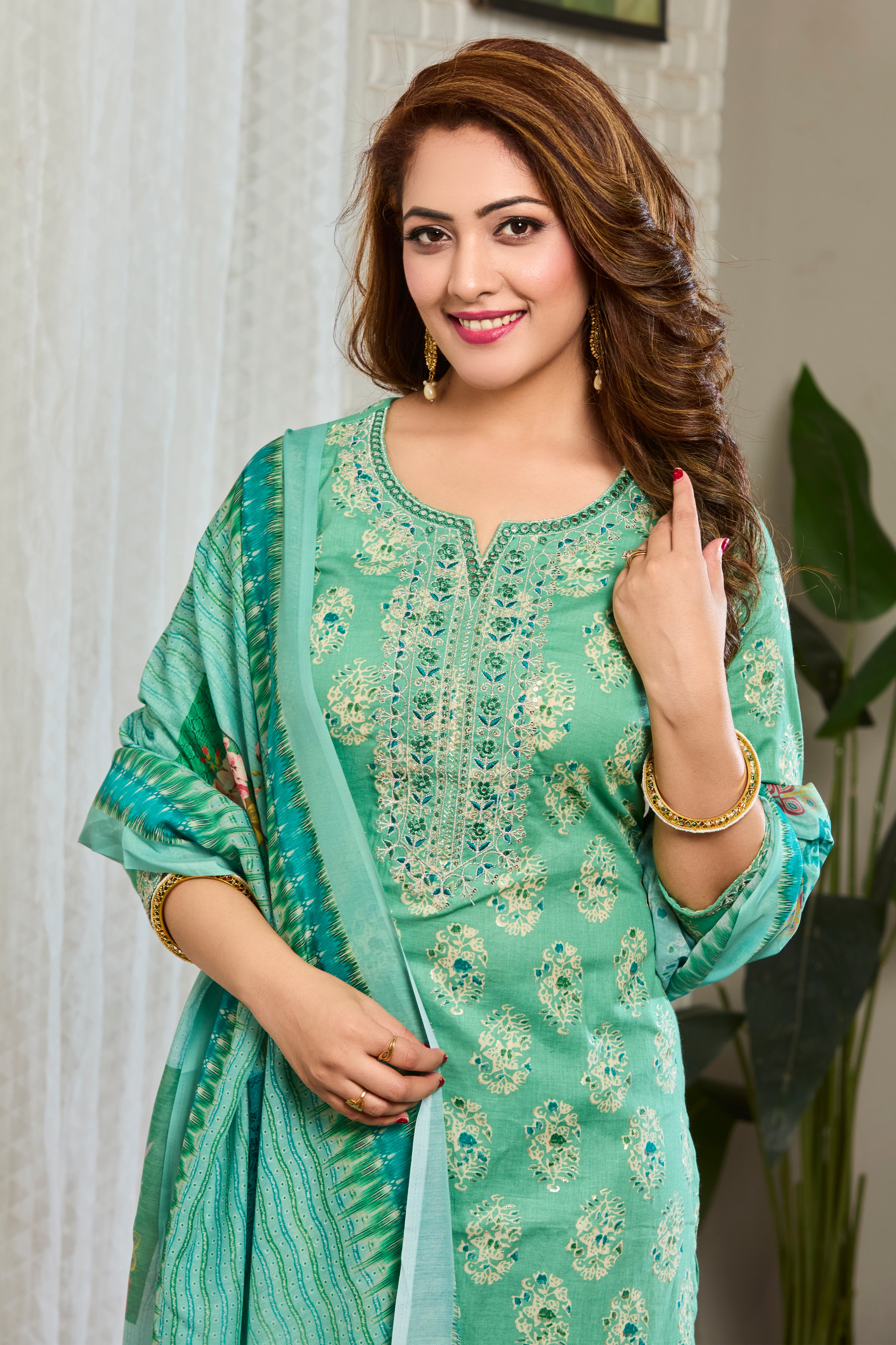 Mint Green Floral Motfits Straight Suit Set with Cotton Dupatta