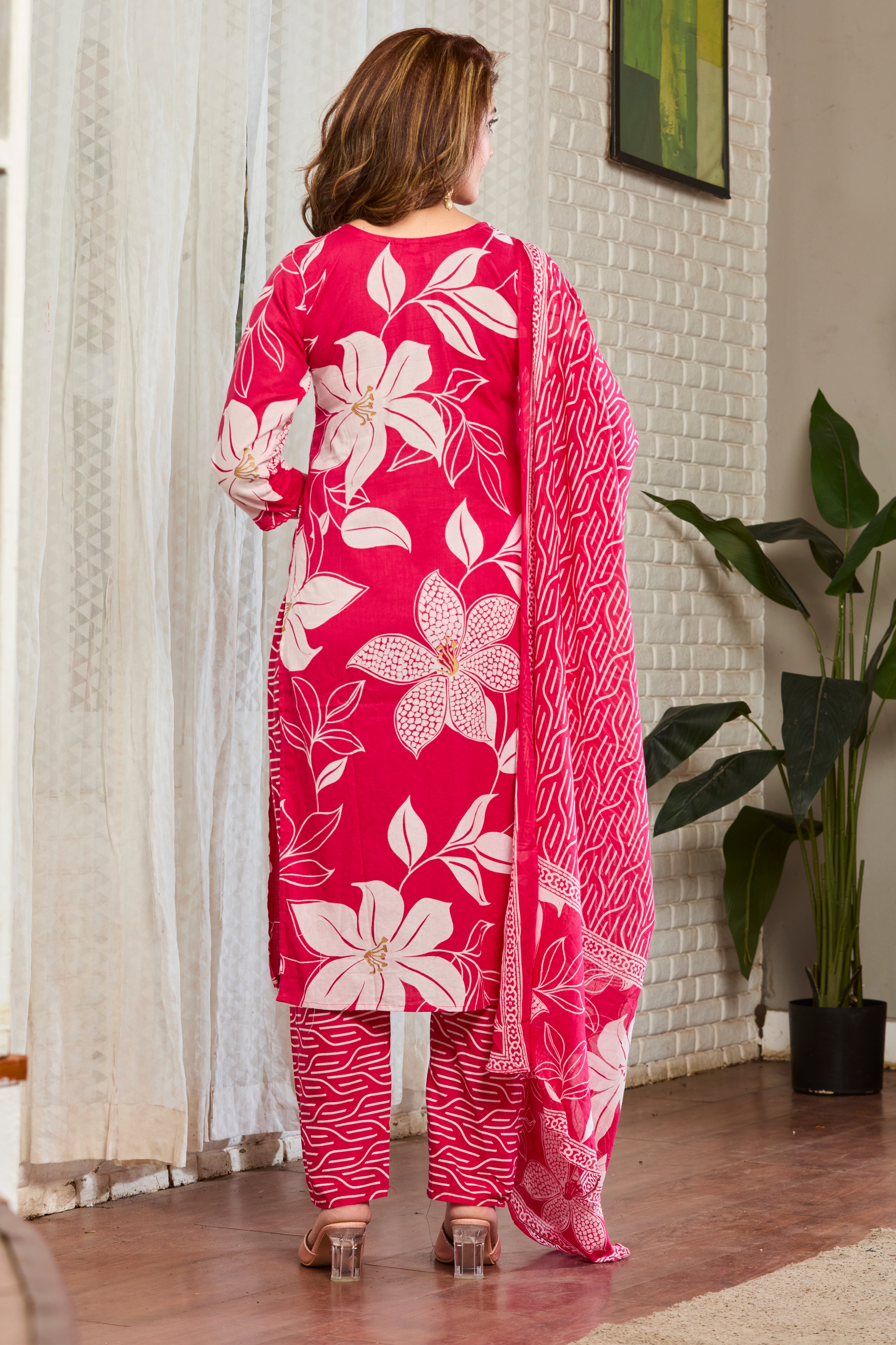 Bold Pink Handblock floral print Straight suit set with breezy cotton dupatta