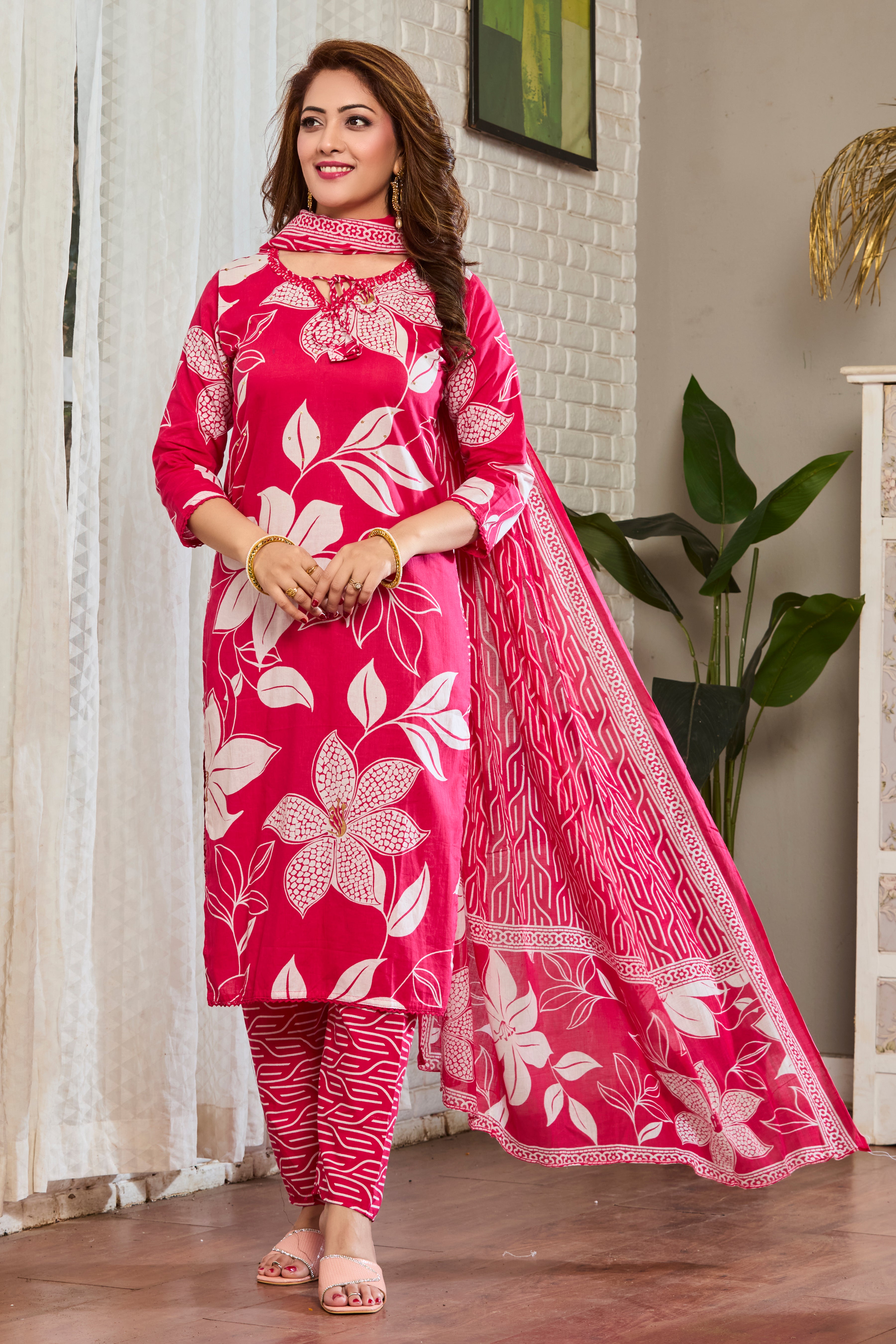 Bold Pink Handblock floral print Straight suit set with breezy cotton dupatta