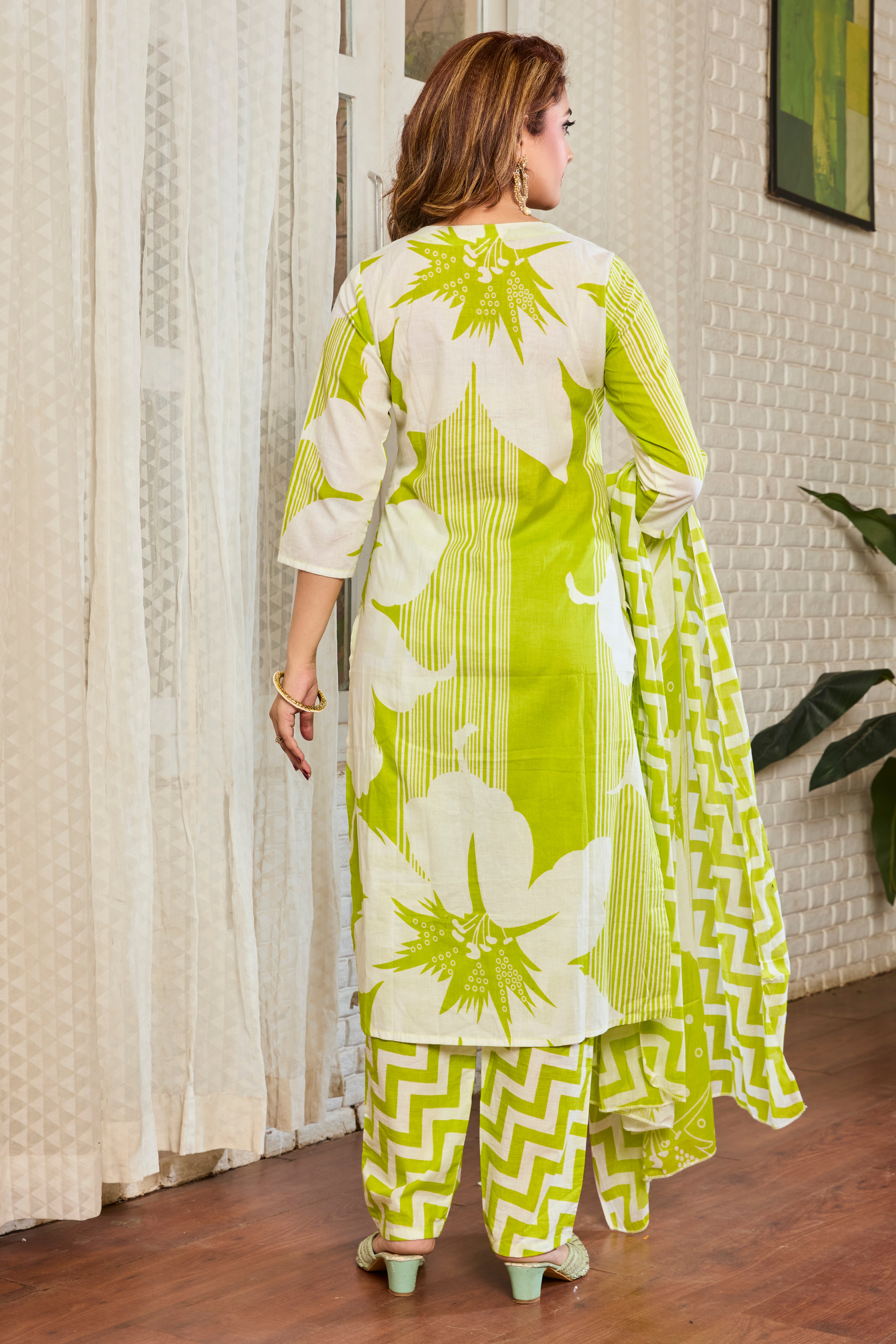 Vibrant Lime Green and White Handblock Floral Straight Suit Set with Soft cotton Dupatta
