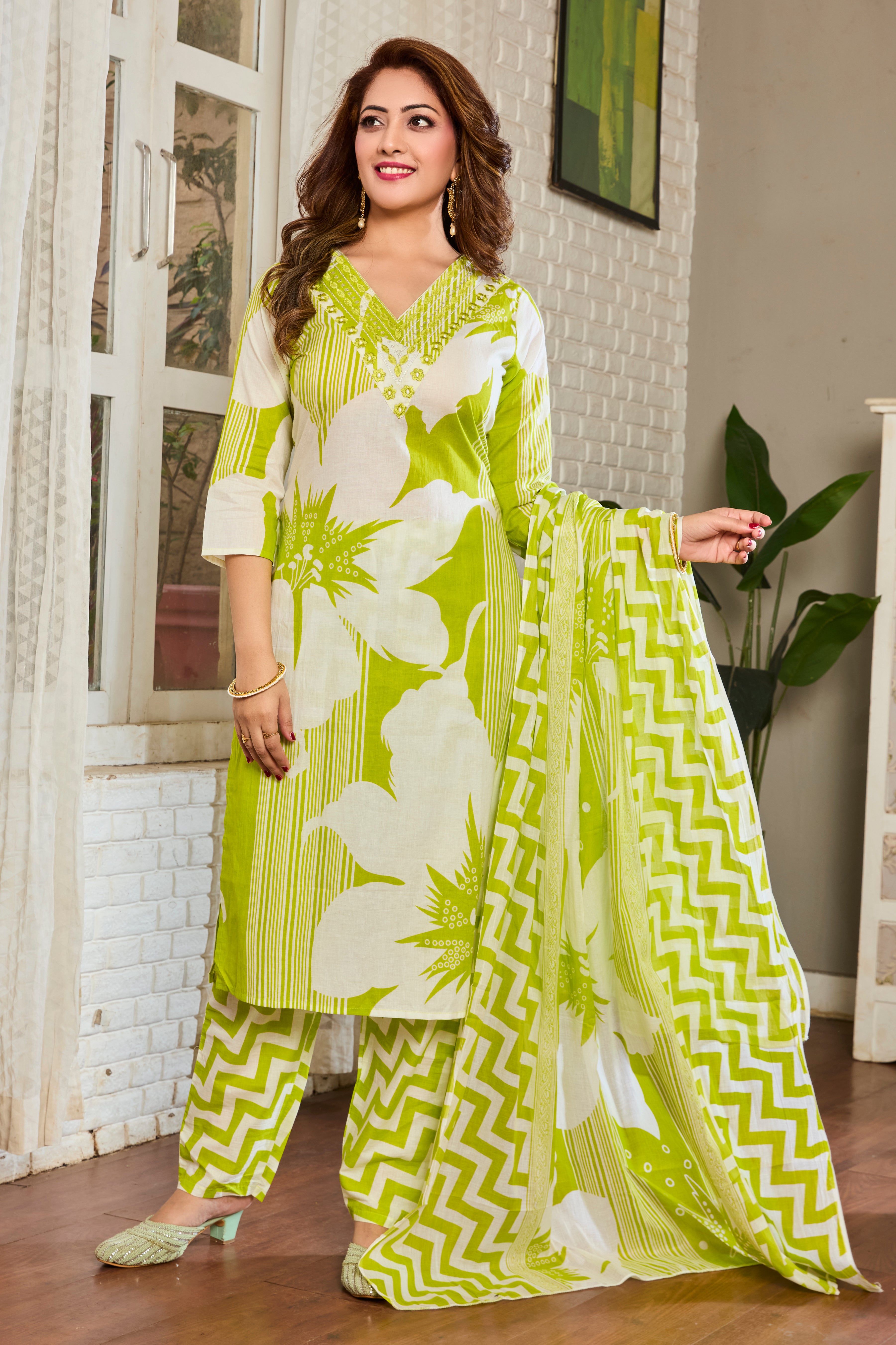 Vibrant Lime Green and White Handblock Floral Straight Suit Set with Soft cotton Dupatta