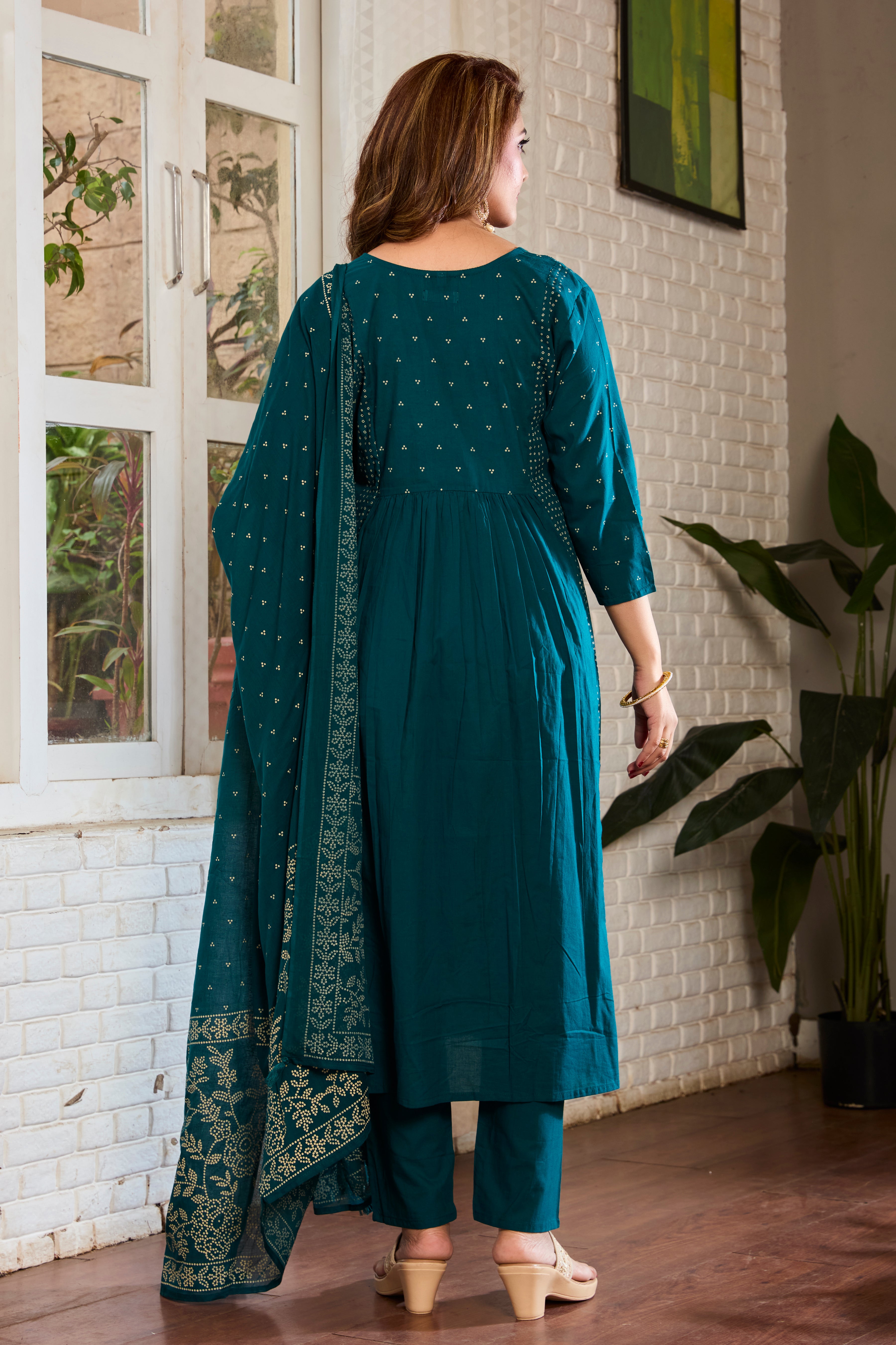 Ocean Teal with Ivory Hand Block Floral Print A-Line Kurta with Cotton Dupatta