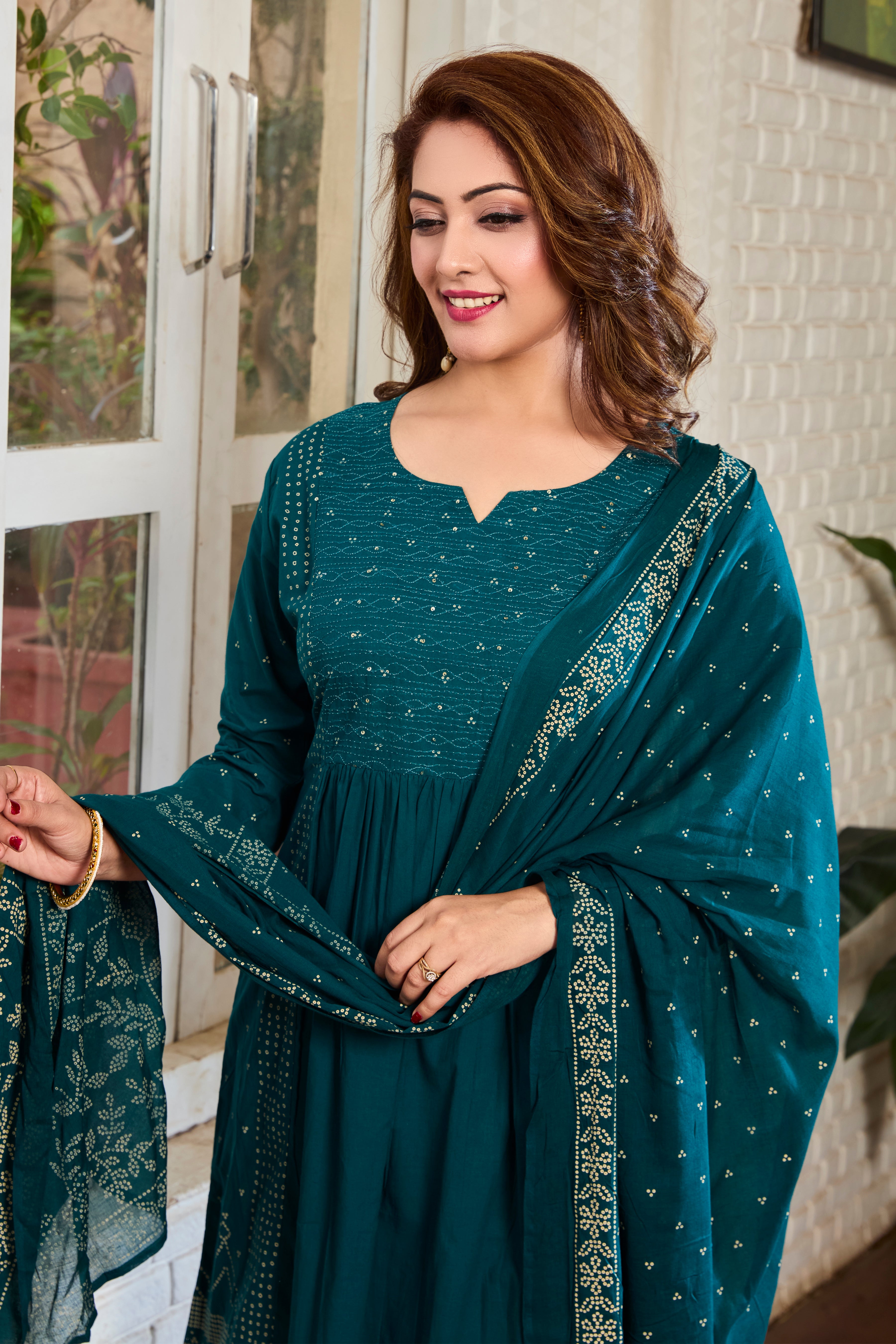 Ocean Teal with Ivory Hand Block Floral Print A-Line Kurta with Cotton Dupatta