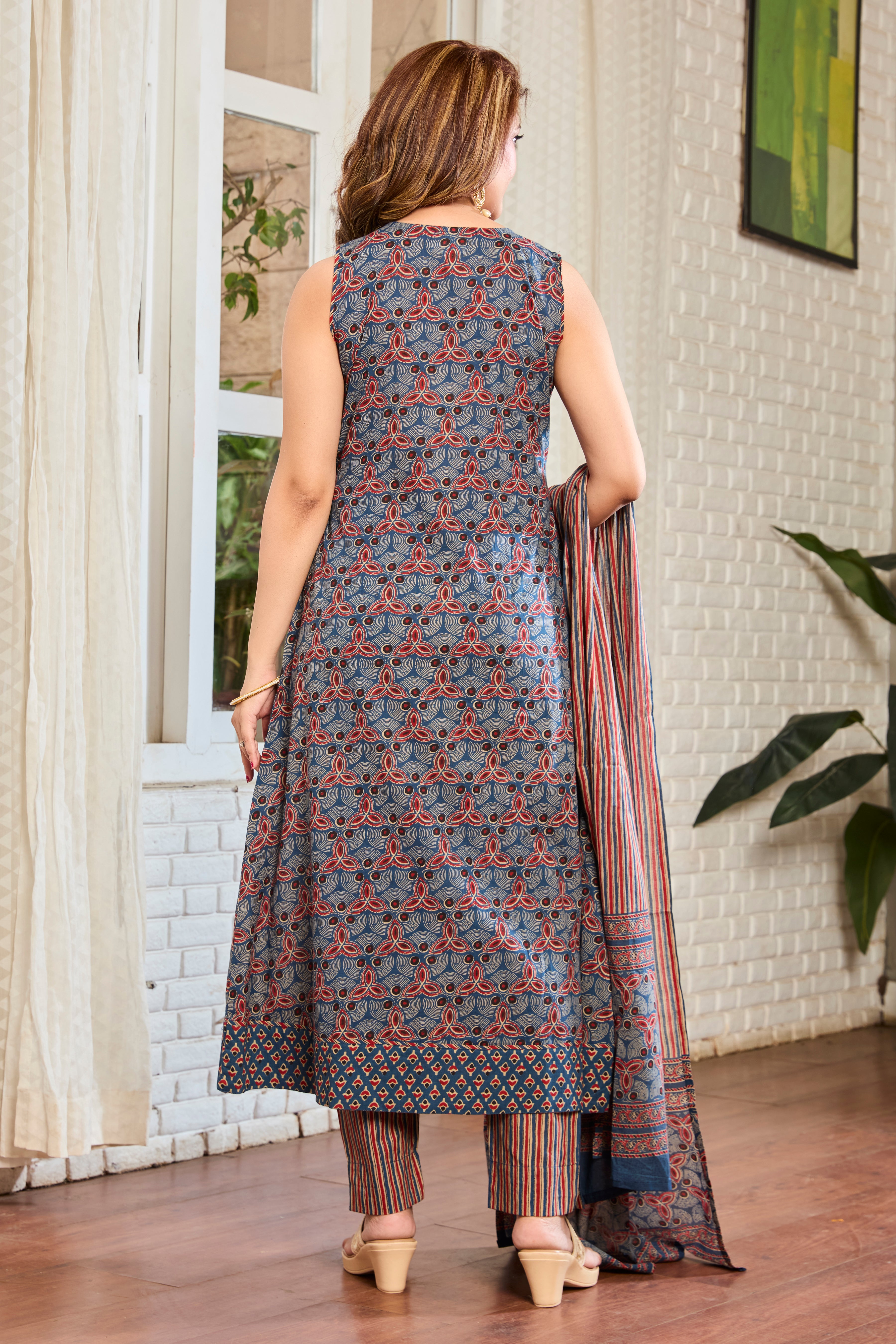 Midnight Indigo & Rust Hand Block Floral Print A-Line Kurta with Cotton Dupatta