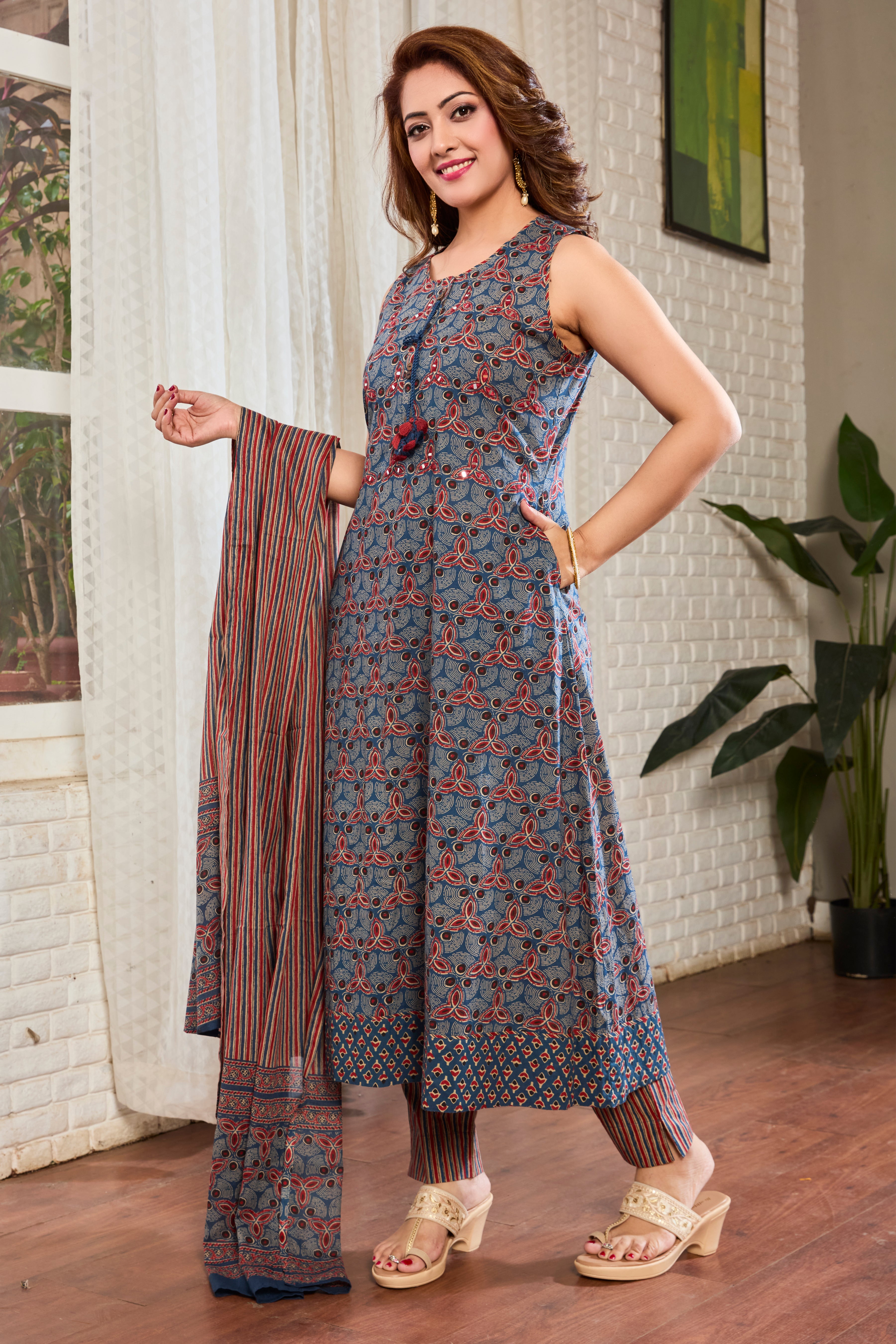 Midnight Indigo & Rust Hand Block Floral Print A-Line Kurta with Cotton Dupatta