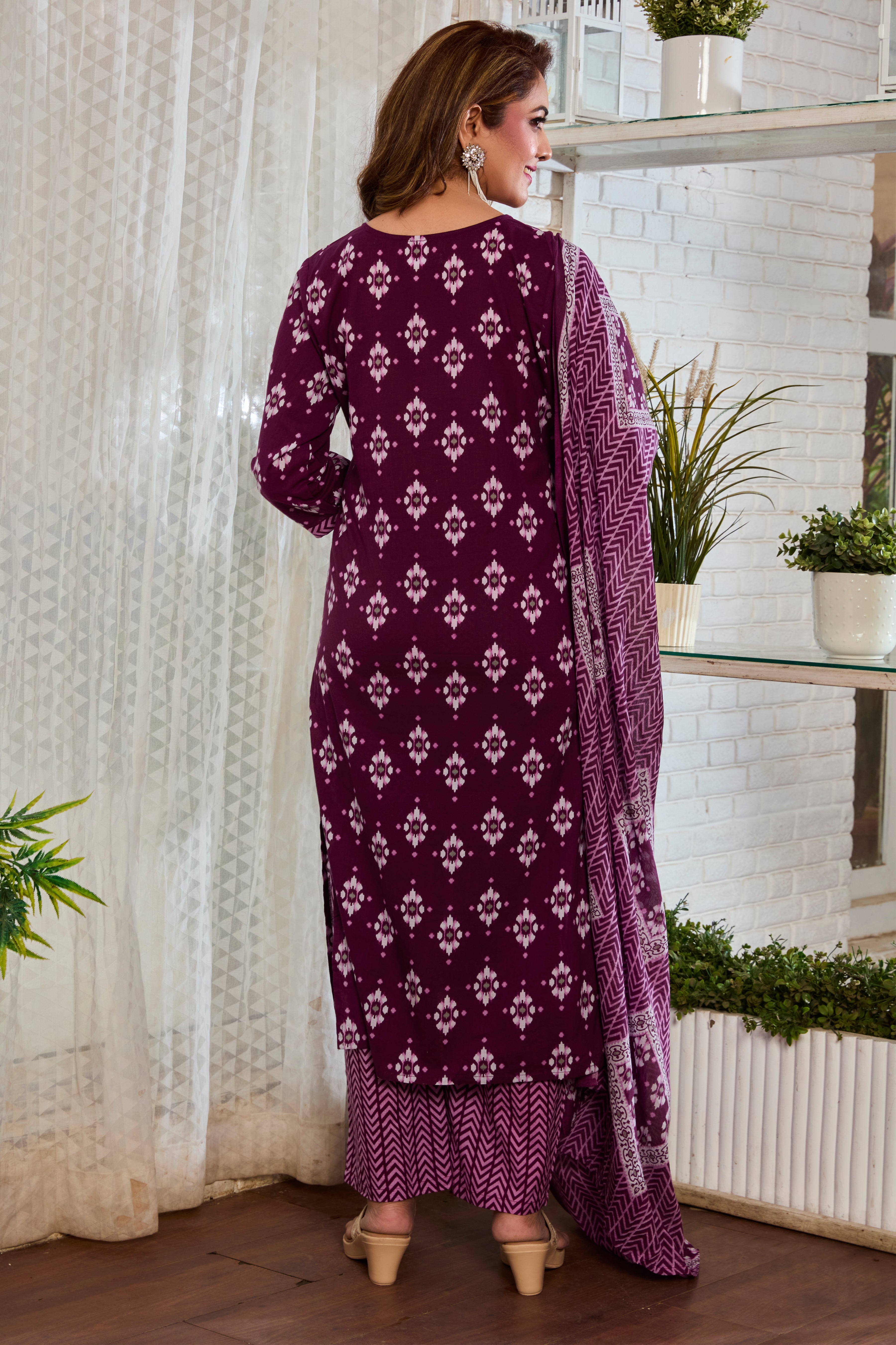 Maroon wih Pink Handblock print kurta Straight Suit set with Cotton Dupatta