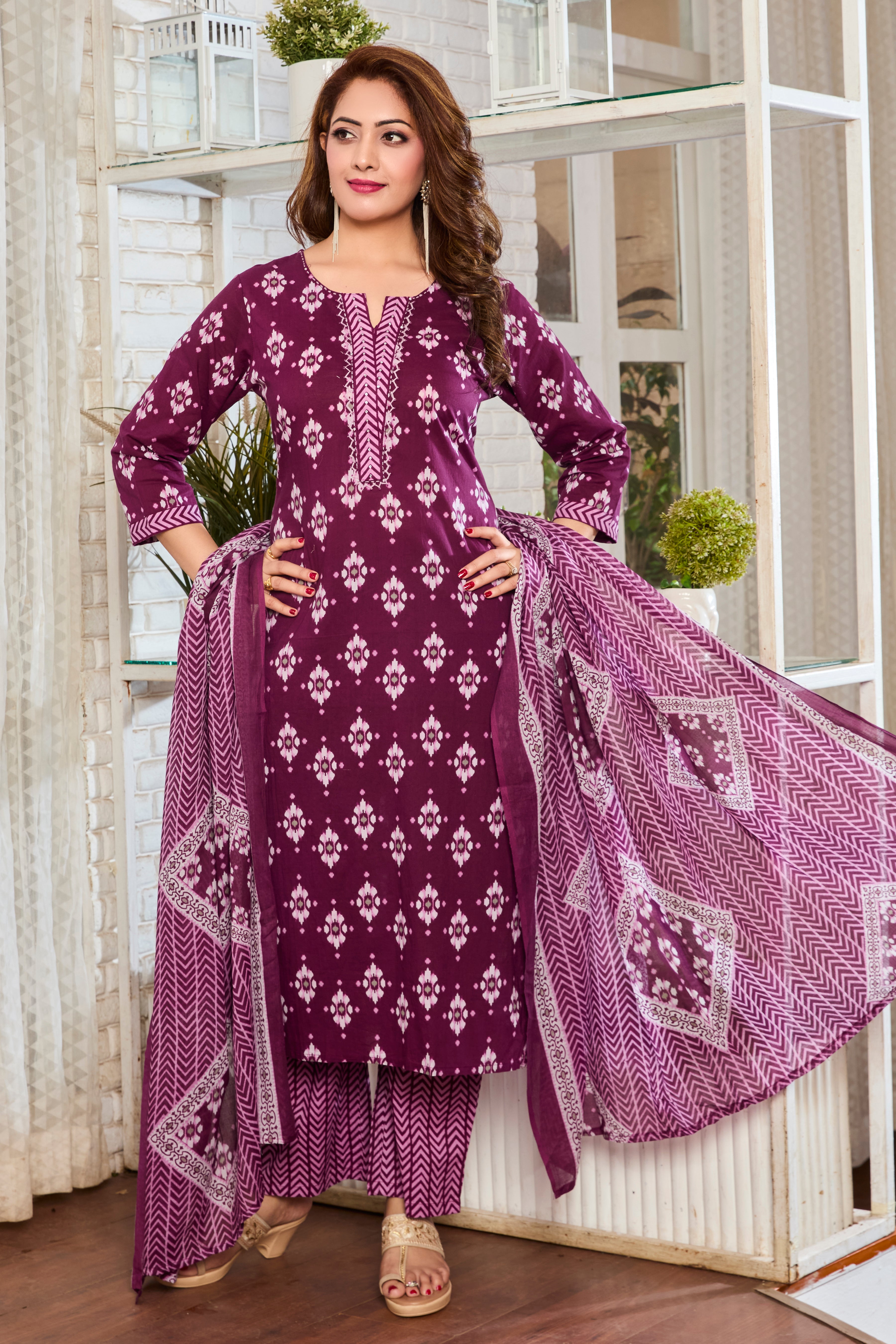 Maroon wih Pink Handblock print kurta Straight Suit set with Cotton Dupatta