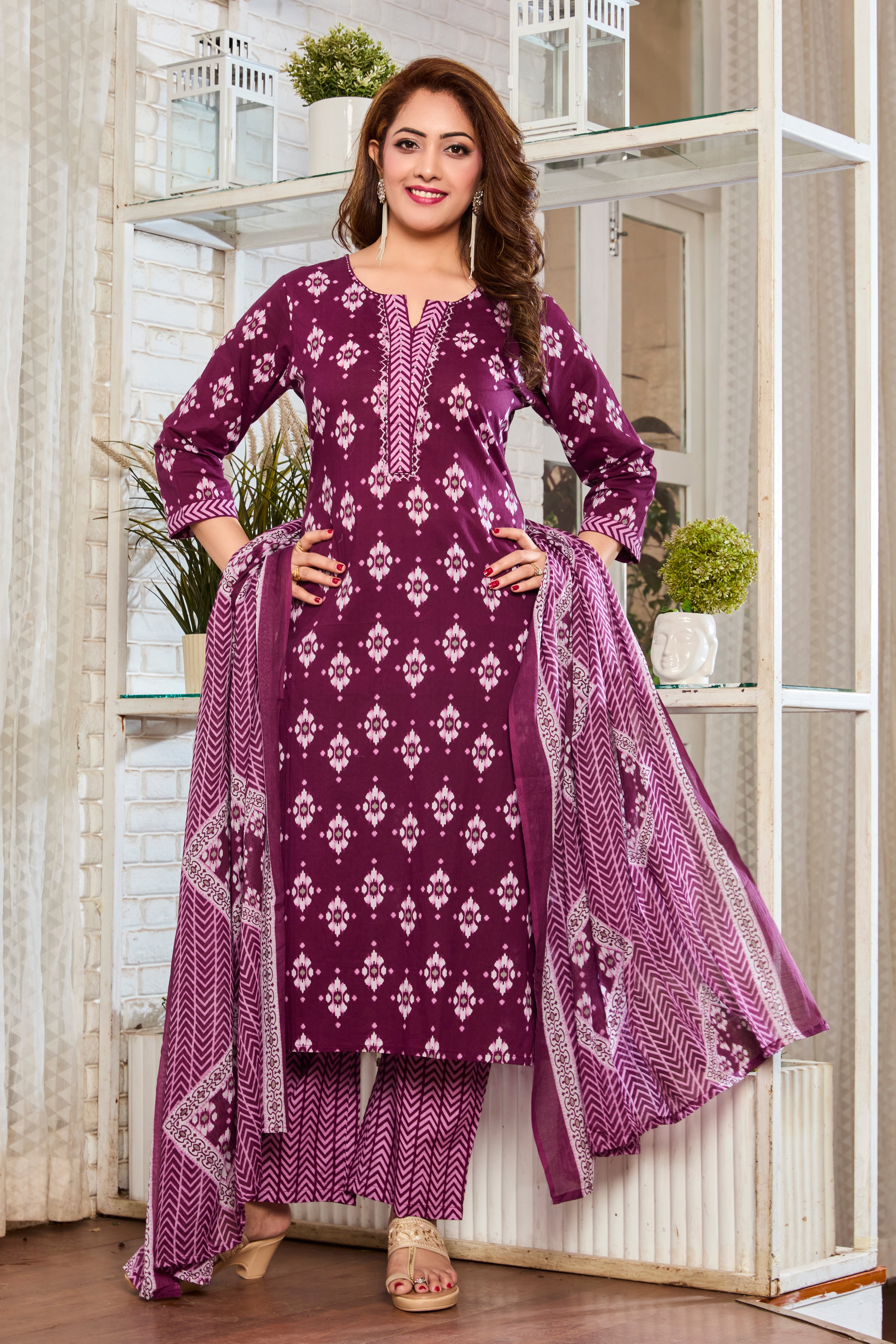 Maroon wih Pink Handblock print kurta Straight Suit set with Cotton Dupatta