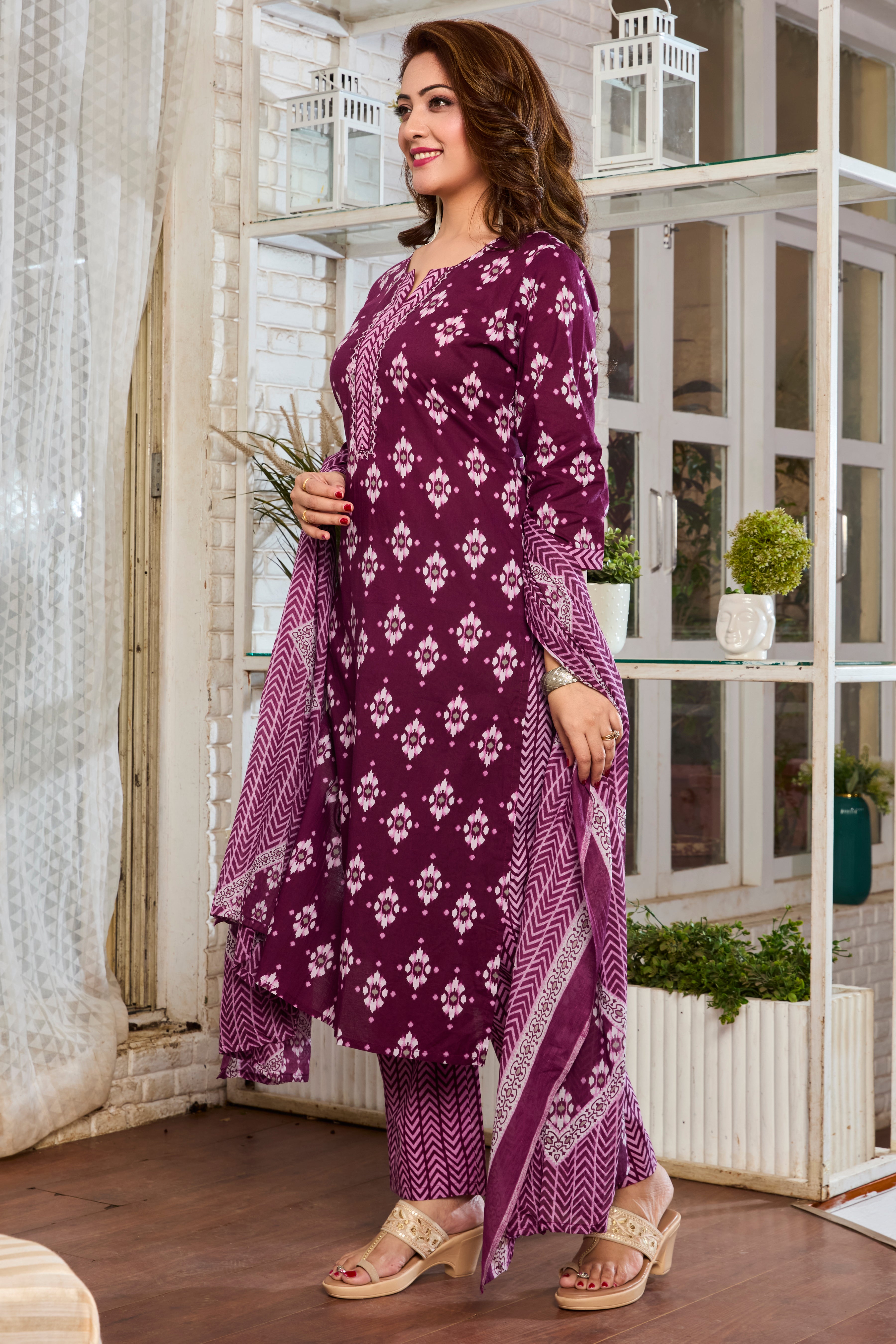 Maroon wih Pink Handblock print kurta Straight Suit set with Cotton Dupatta