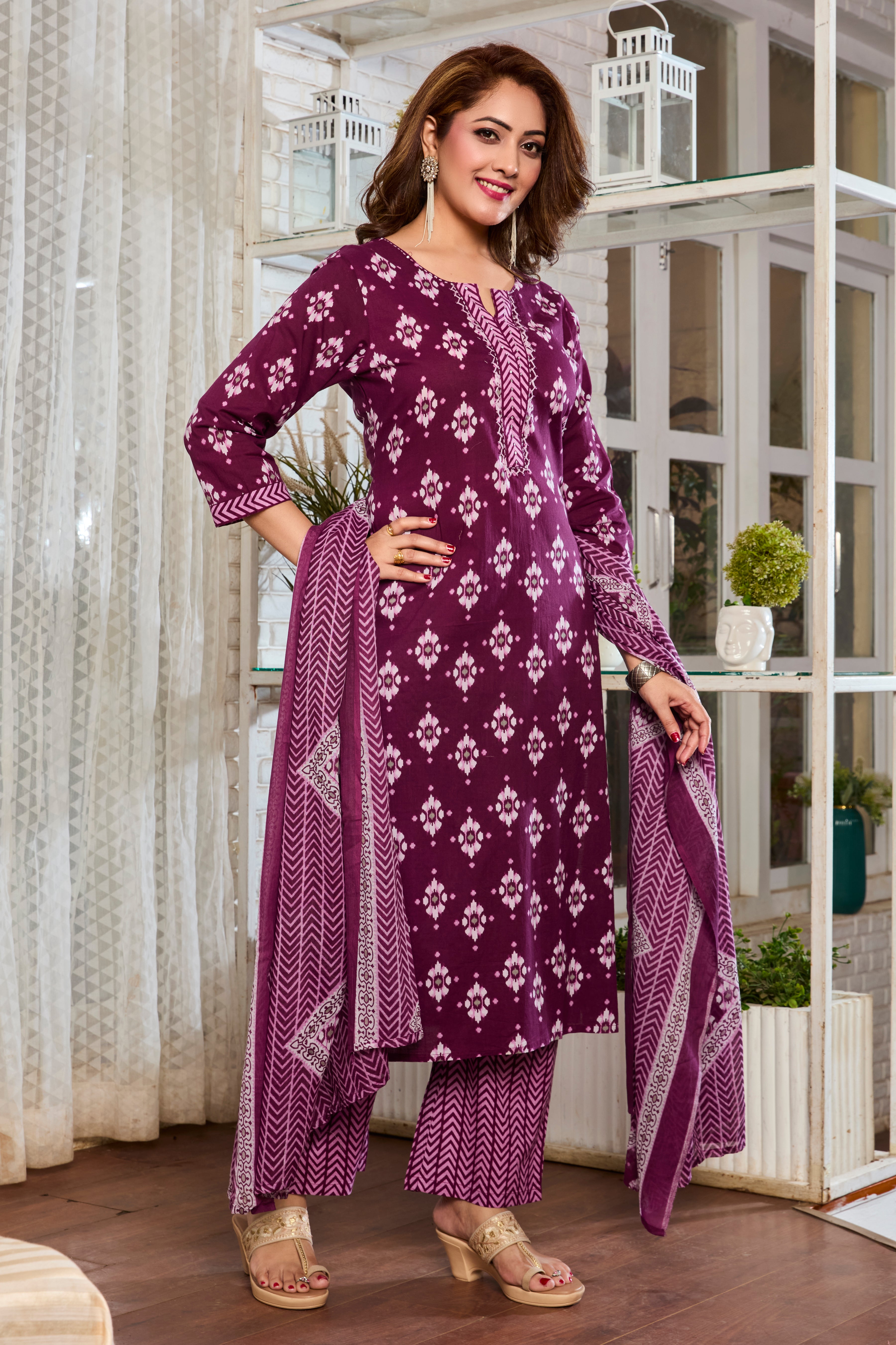 Maroon wih Pink Handblock print kurta Straight Suit set with Cotton Dupatta