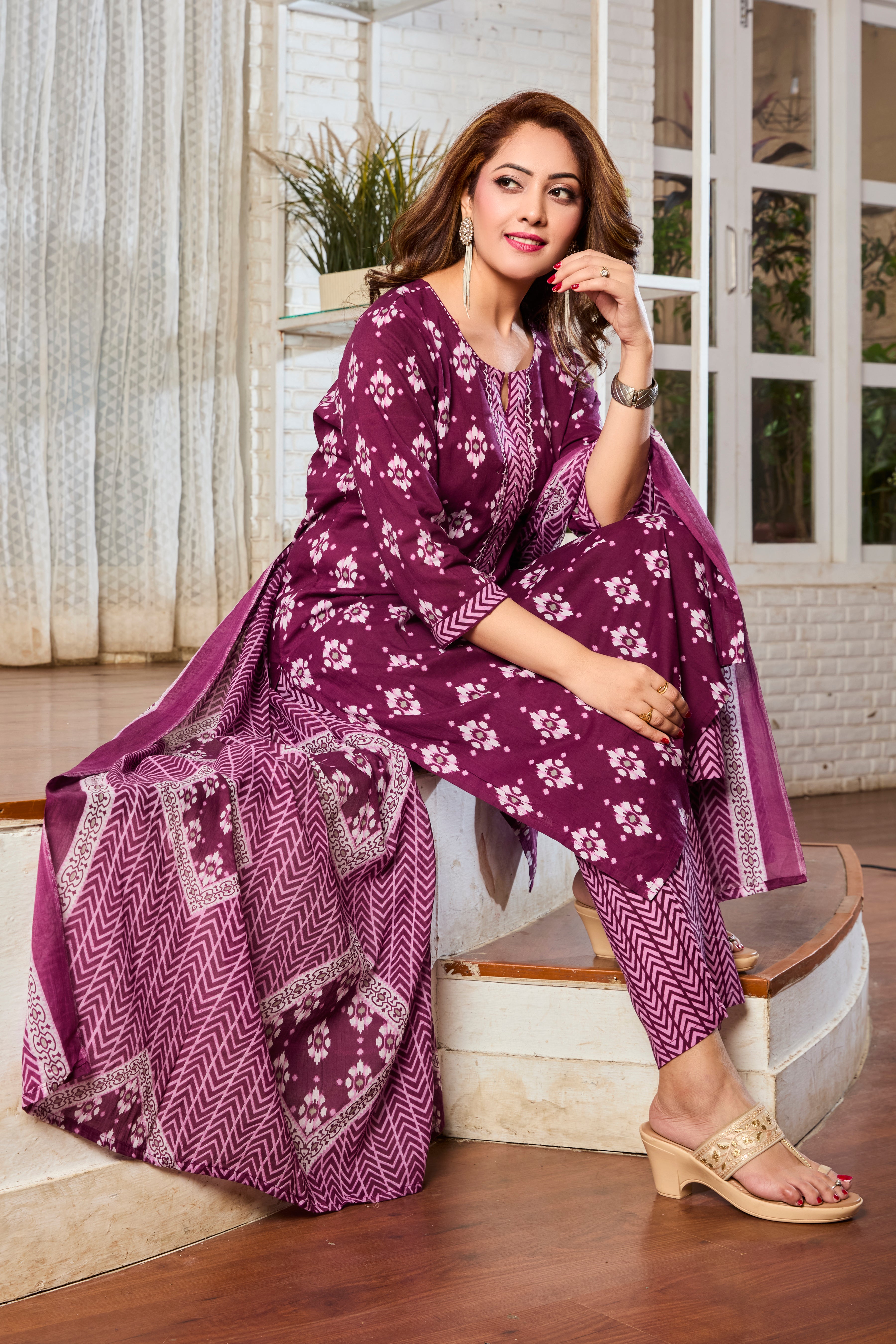 Maroon wih Pink Handblock print kurta Straight Suit set with Cotton Dupatta