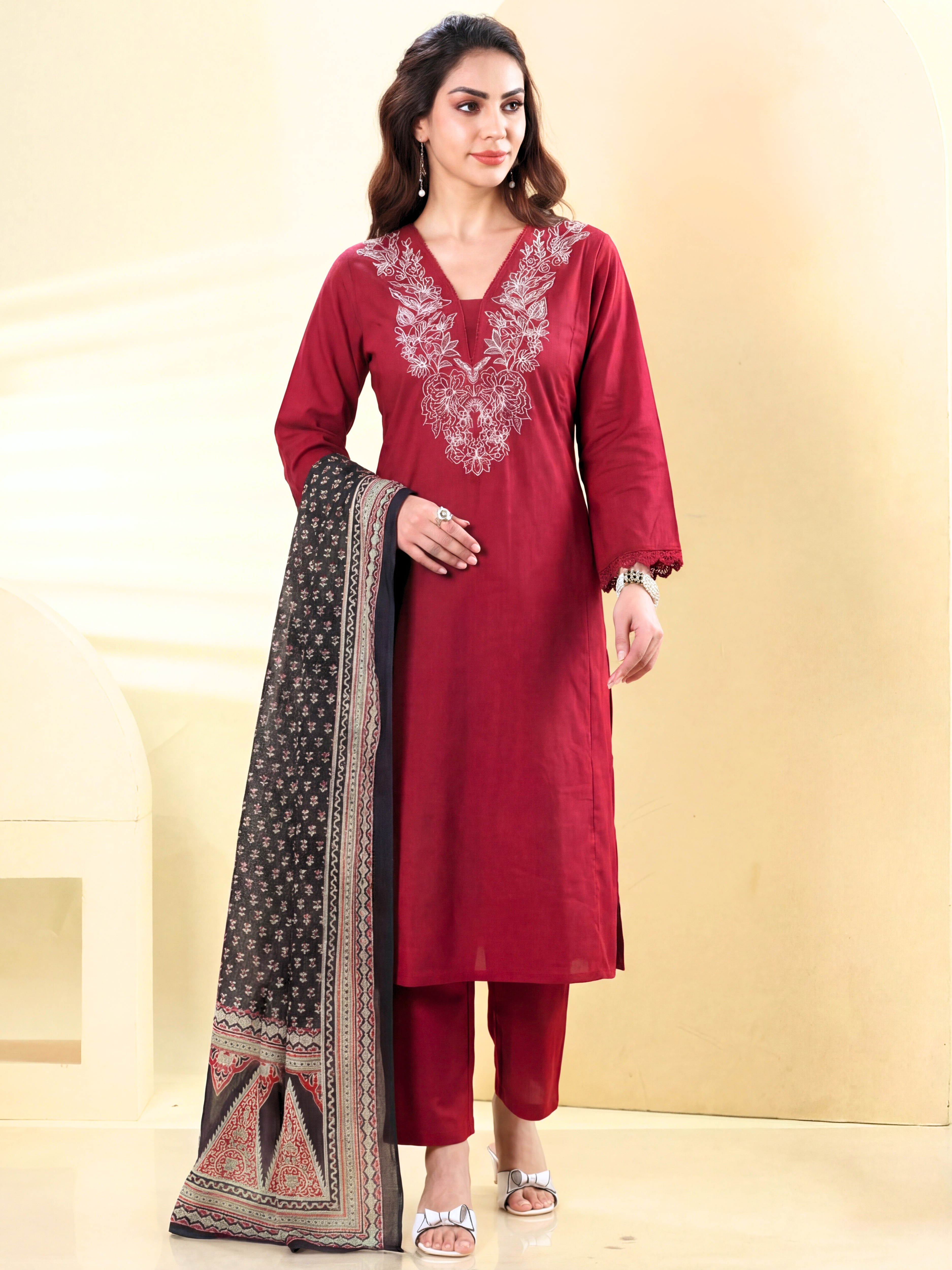 Midnight Festive A-Line Suit Set with Embroidery & Contrast Dupatta – Crimson