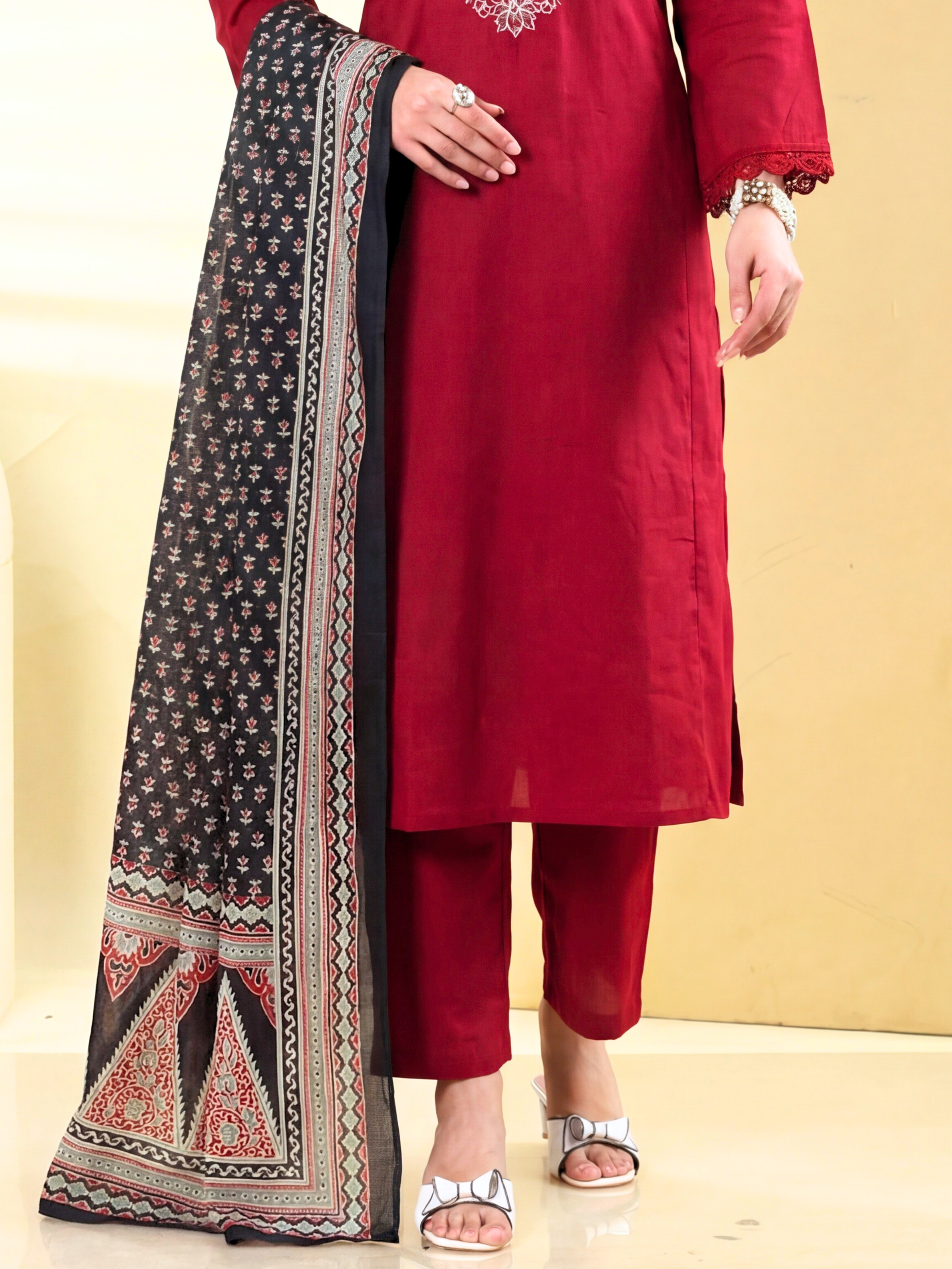 Midnight Festive A-Line Suit Set with Embroidery & Contrast Dupatta – Crimson
